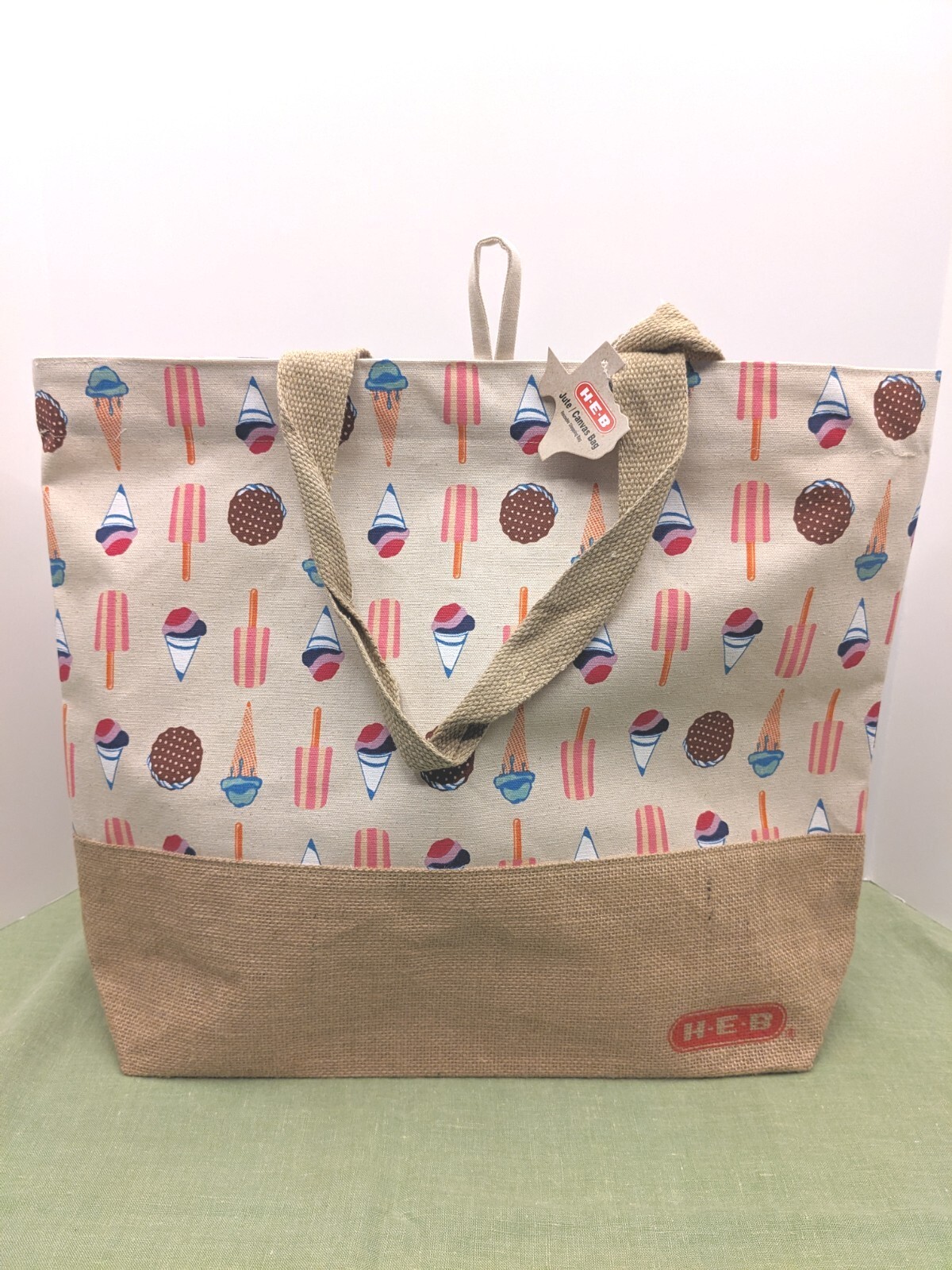 HEB Jute Canvas Burlap 20” X 16” Reusable Shopping Bag Tote IceCream Pattern NWT