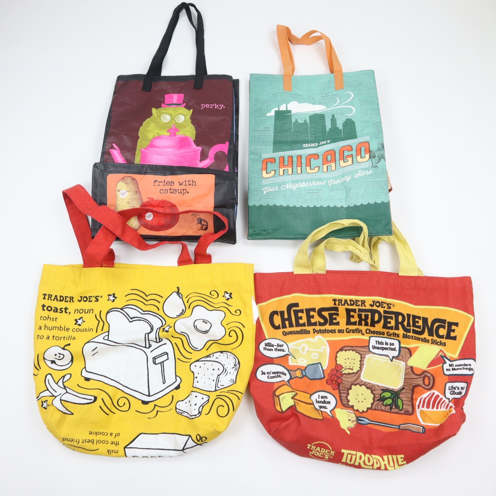 Trader Joes Reusable Shopping Tote Bag (Lot of 4) Chicago Cheese Toast Graphic