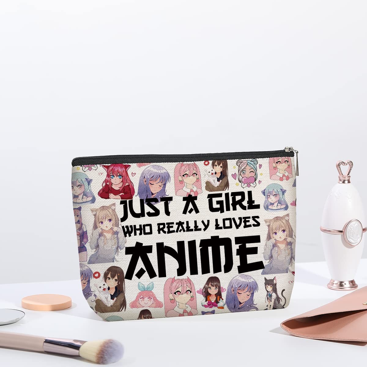 kdxpbpz Cosmetic Bag for Women, Waterproof Flax Material, Anime Lover Color 1