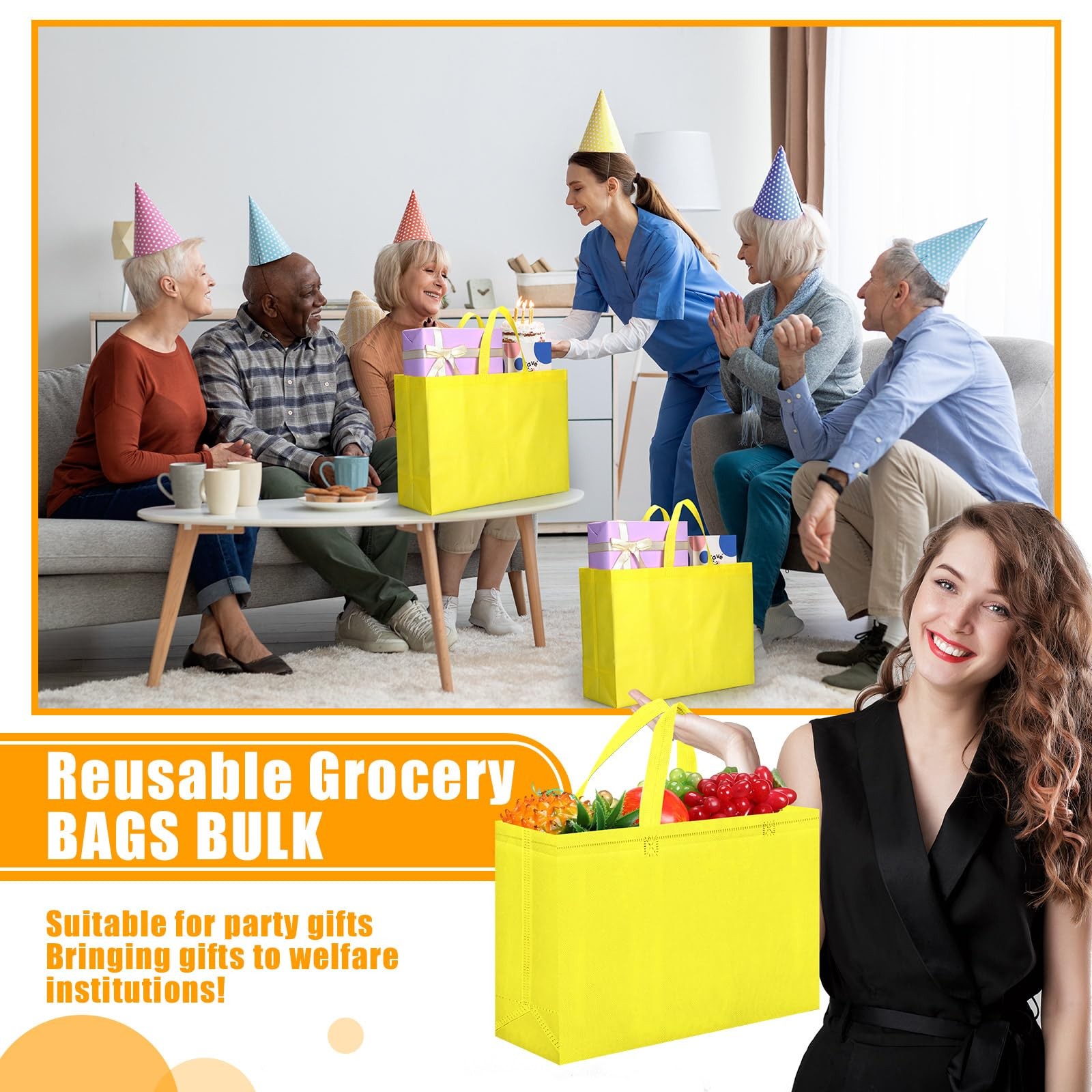 Large Reusable Grocery Shopping Tote Bags Non Woven Handles 16x6x12 Inch