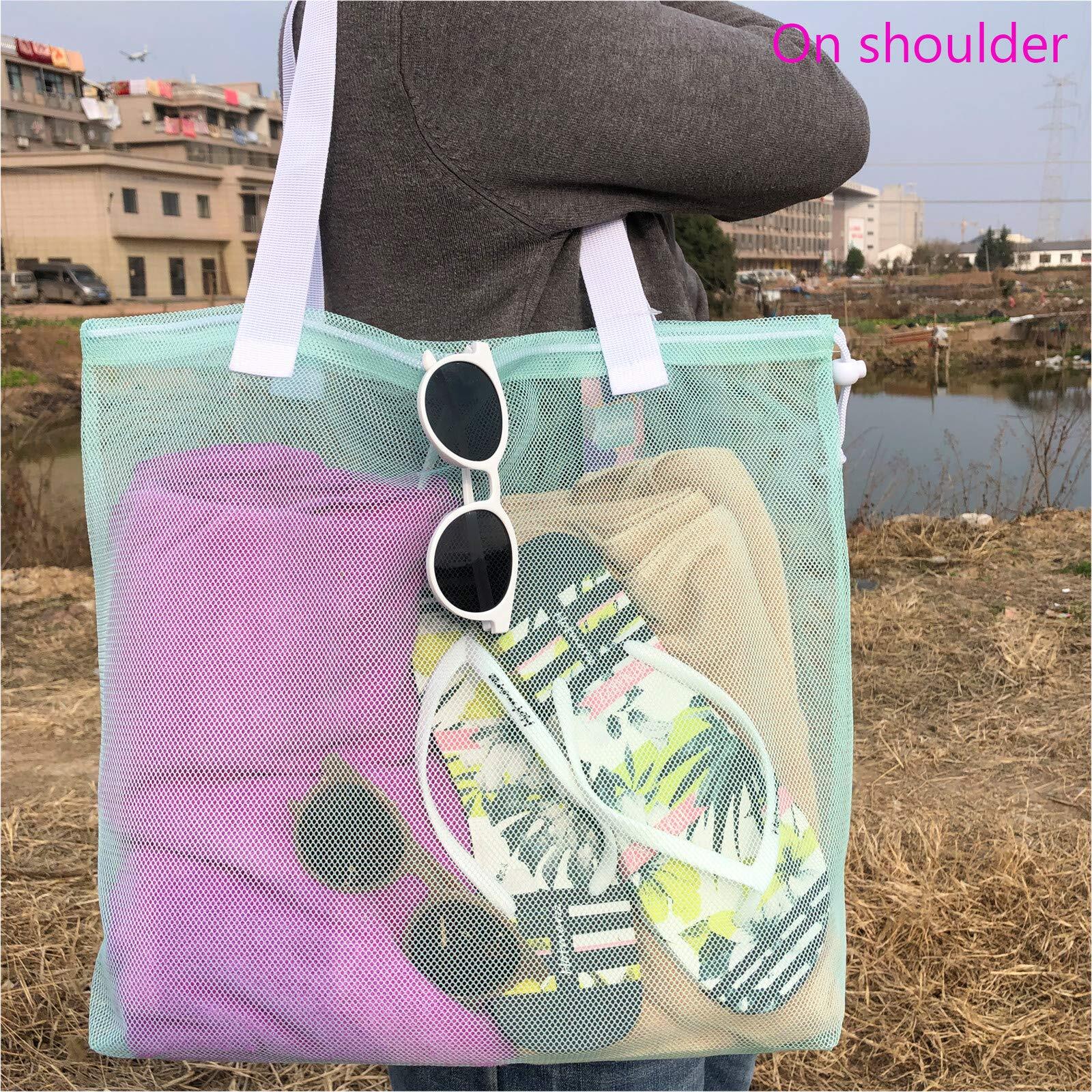Reusable 4pack Colorful Mesh Beach Tote Bagsmesh Shopping Bag With Drawstring Fo
