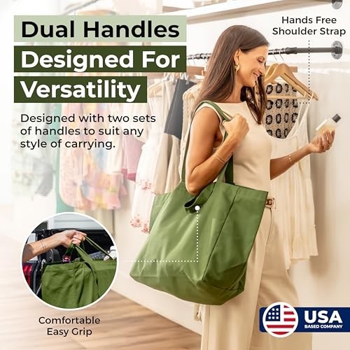 Canvas Grocery Bags Set of 3 Heavy Duty Reusable 80lbs Capacity Shoulder Strap