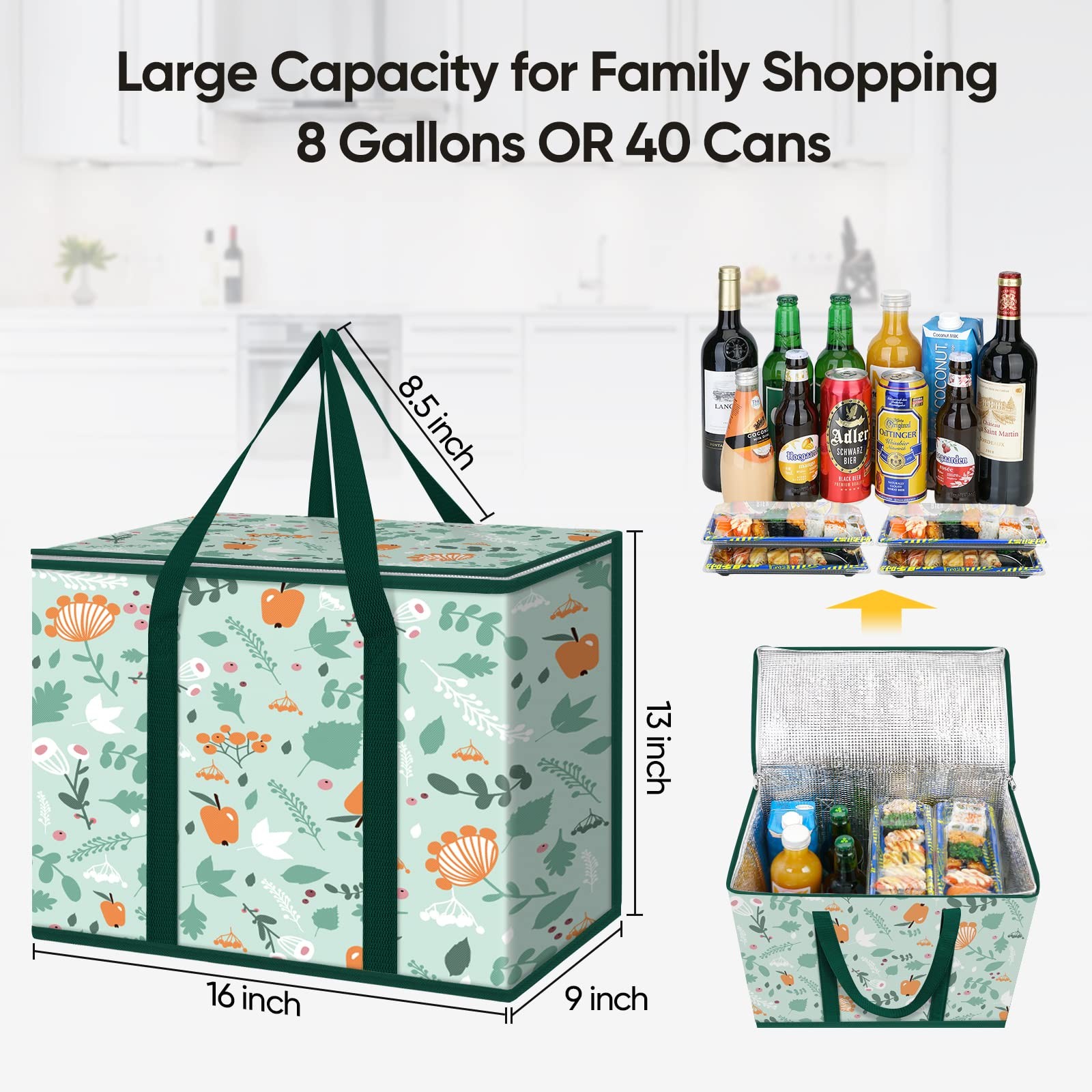 2 Pack Insulated Reusable Grocery Bags Collapsible Cooler Bag 16x9x13 Inch