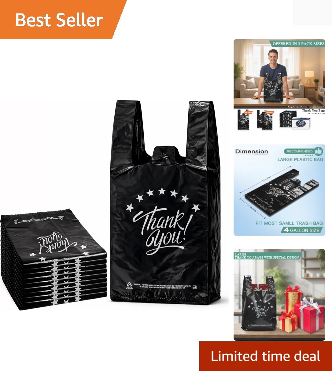Black Thank you T shirt bag, Grocery shopping bag Reusable and Disposable Sup…