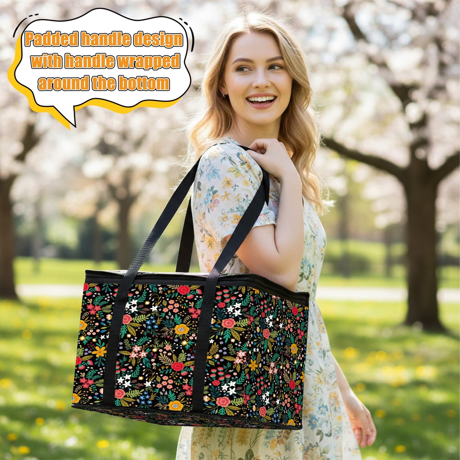 40L Flower Insulated Reusable Grocery Cooler Bag Thermal 15.7×11.8×12.2 In