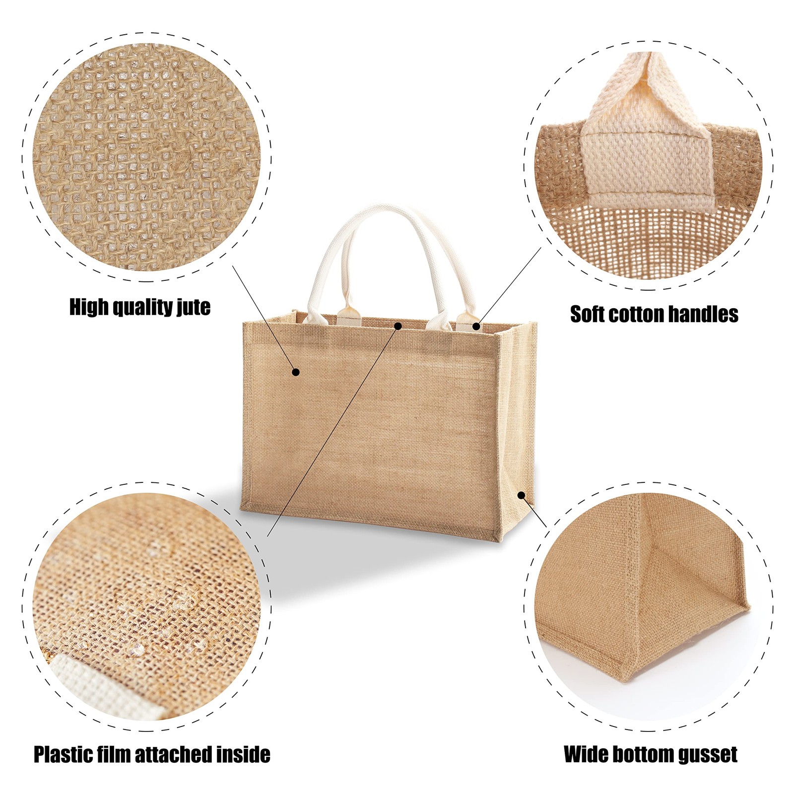 1 PCS Jute Tote Bags 14.5×6.7×10.2 Inch Burlap Bridesmaid Beach Travel Bag