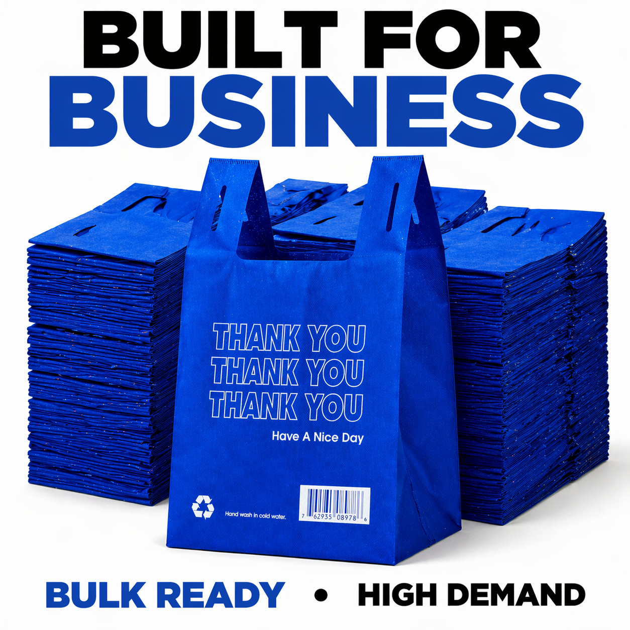 Blue Green Reusable Grocery T Shirt Bags Thank You 11 x 7 x 19 80 GSM Bulk