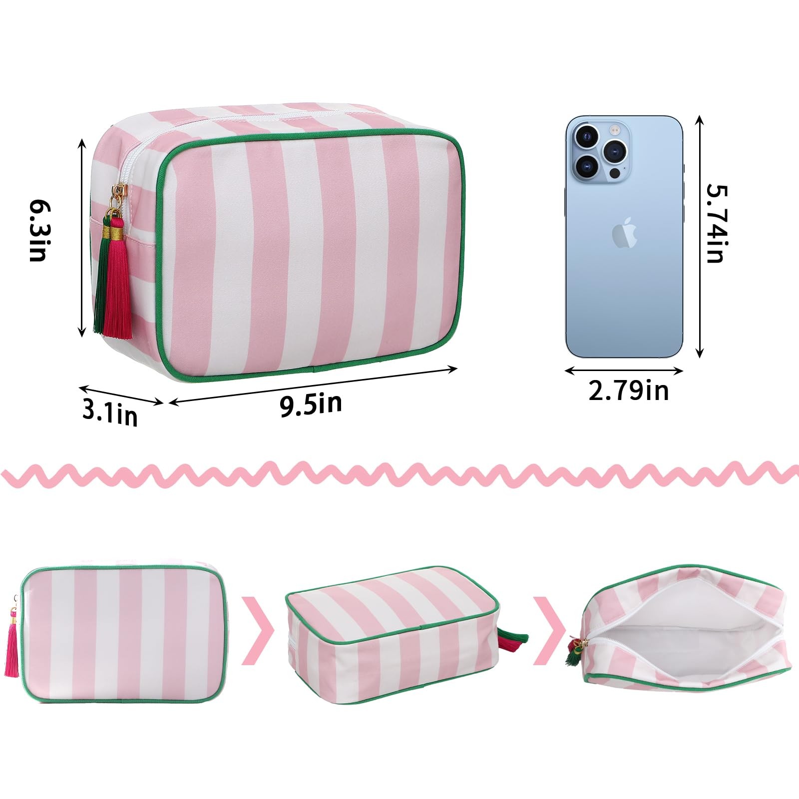 EMBRUNIOICE Stripe Makeup Bag Travel Cosmetic Organizer White & Pink