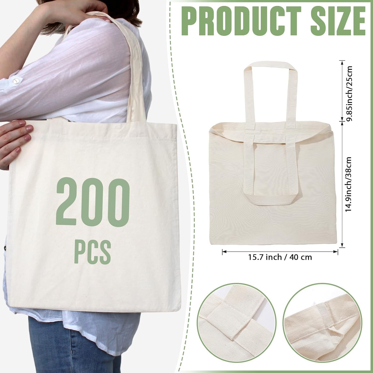 200 Pcs Blank Cotton Canvas Tote Bags Bulk Reusable Grocery Shopping Cloth Bags