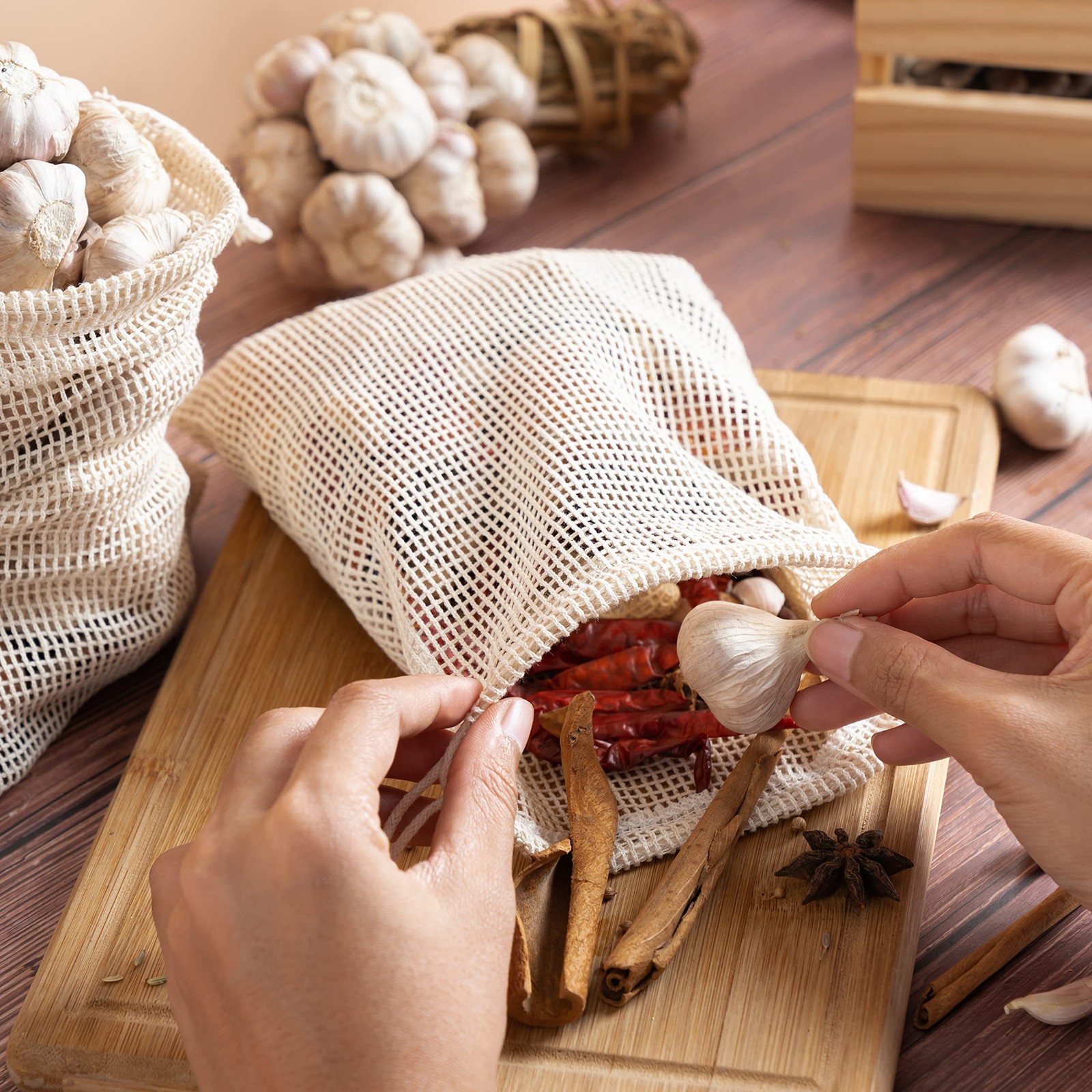 100 Percent Cotton Double Drawstring Mesh Bag Herb Nut Spice 6×8 Inch 5 PCS