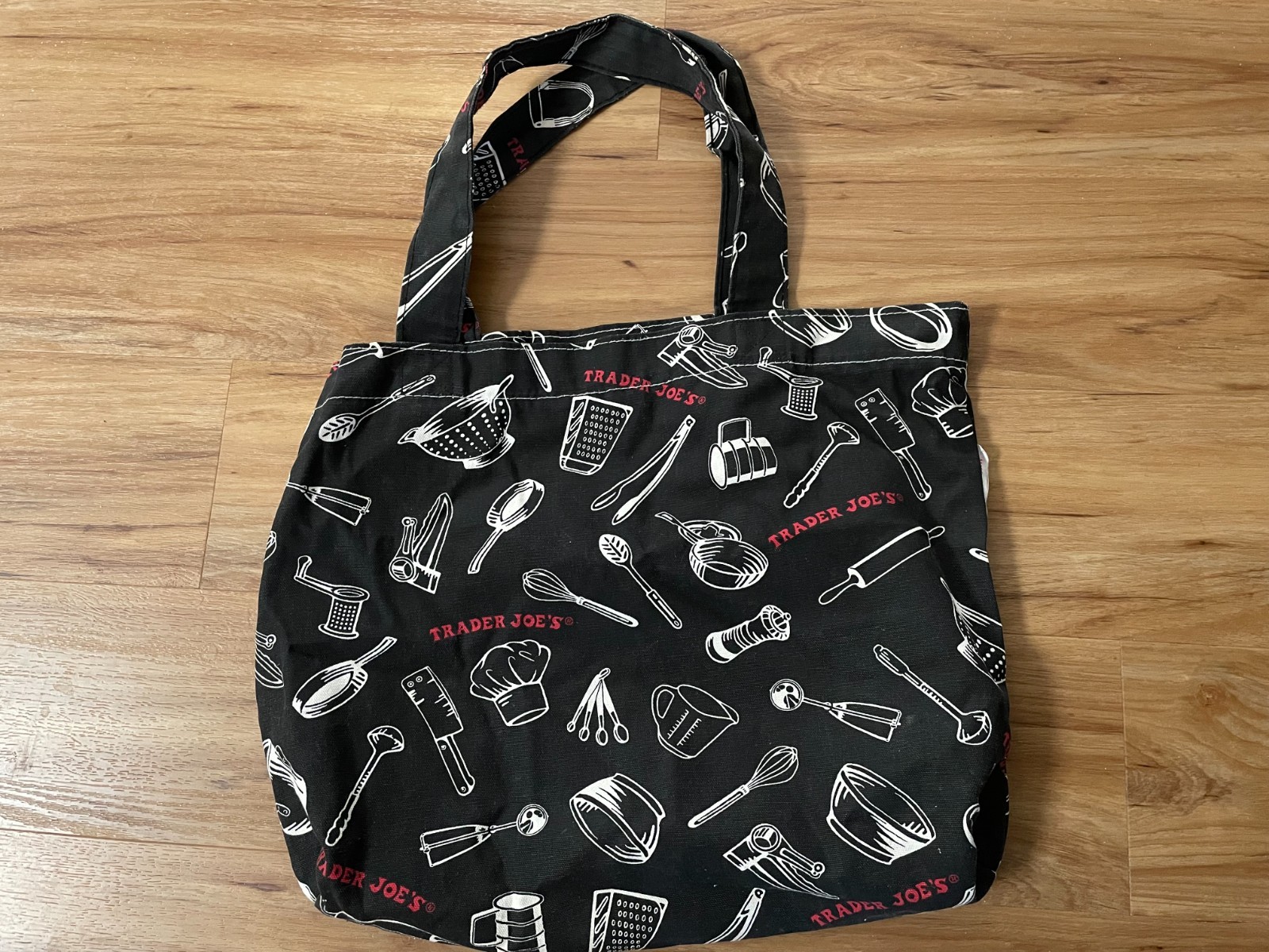 Trader Joes Black Canvas Tote Bag Kitchen Utensil Print Reusable Grocery