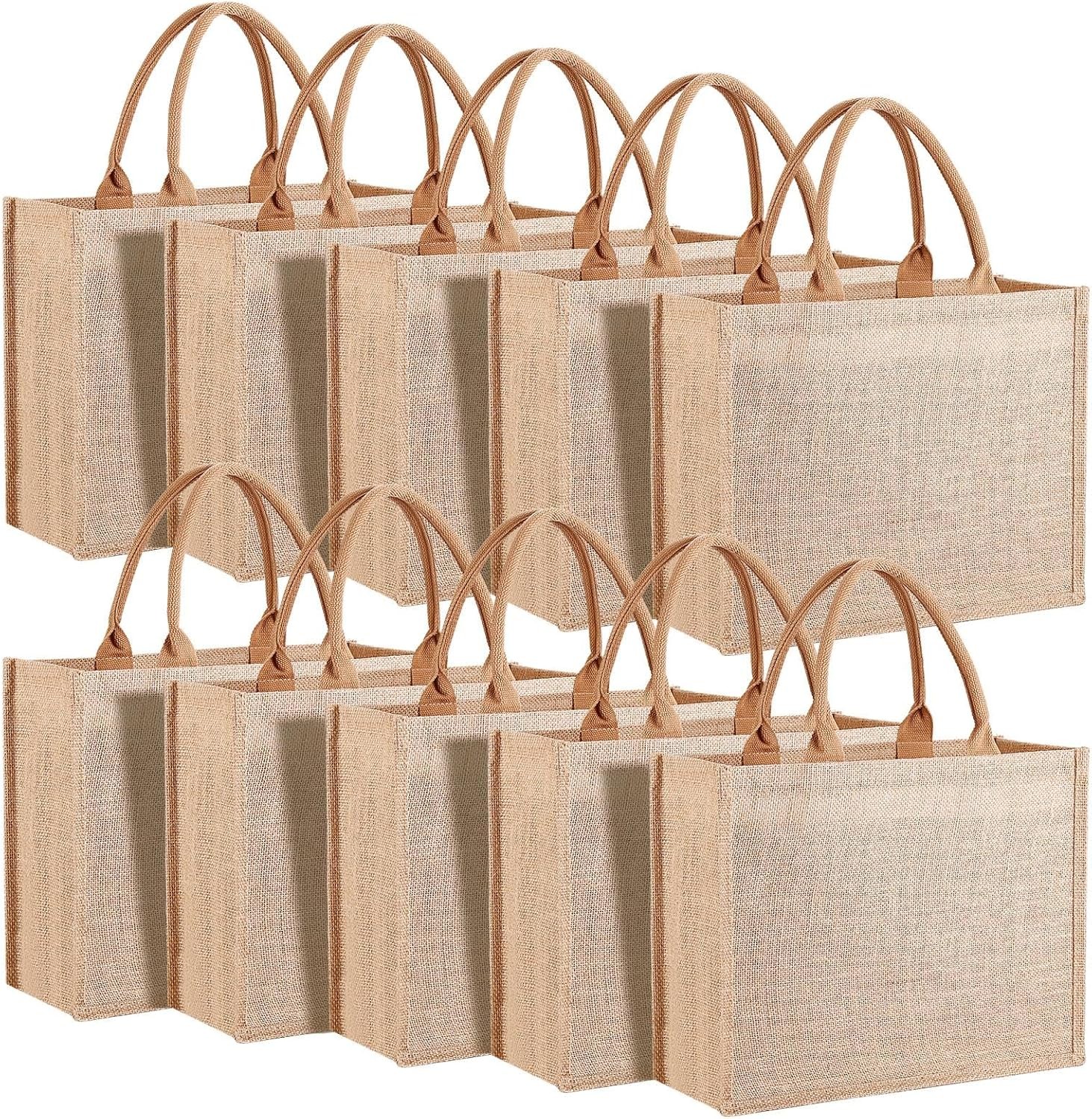 10 Pack Reusable Jute Tote Bags with Handles, 15.1X11.8X5.5 Inch Large Natural