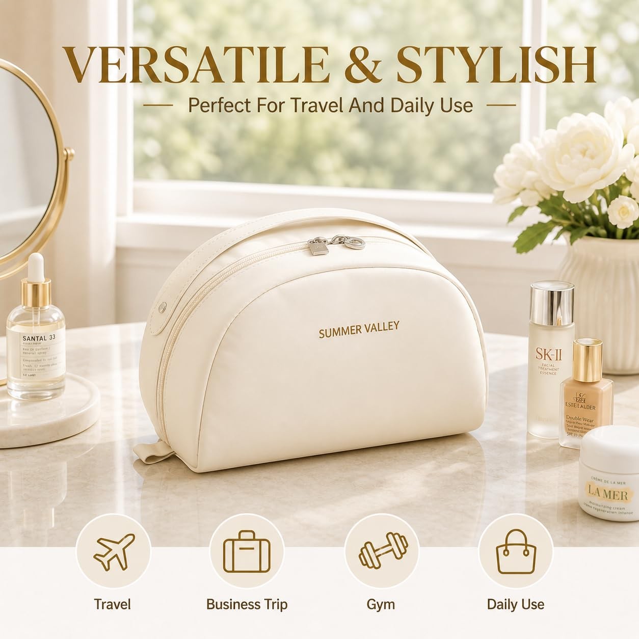 YDR Semi-Circle Travel Wash Bag, Portable Toiletry Organizer Wet & Dry-White