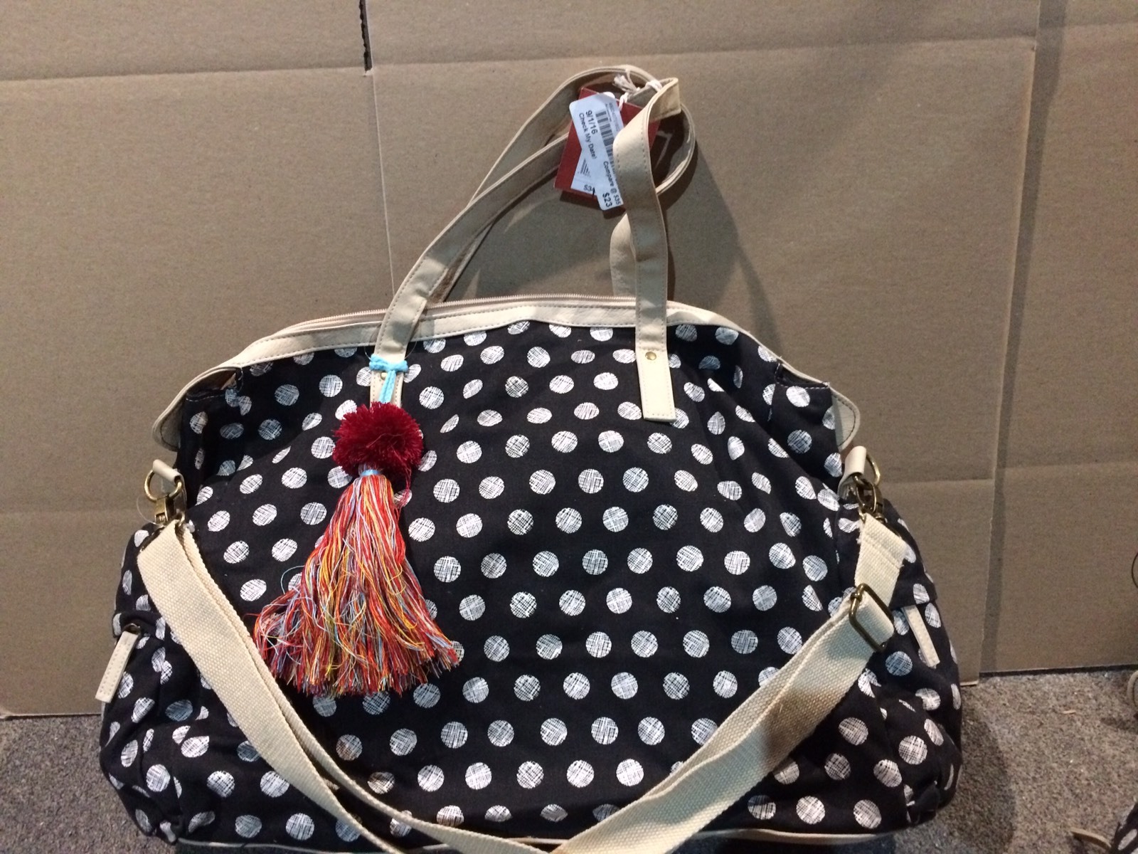 Lot Of 2 Stylish Plastic & Canvas Reusable Tote Bags Black With White Dots XL