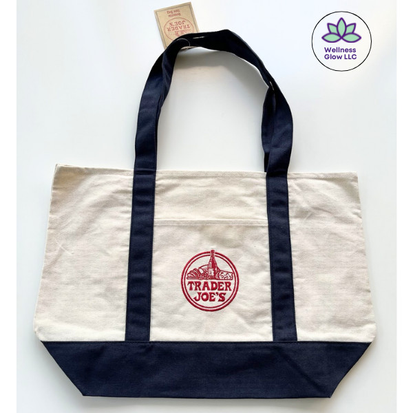 Trader Joe’s Large Canvas Tote Reusable Bag 20.5x14x7″ Blue/White off NEW