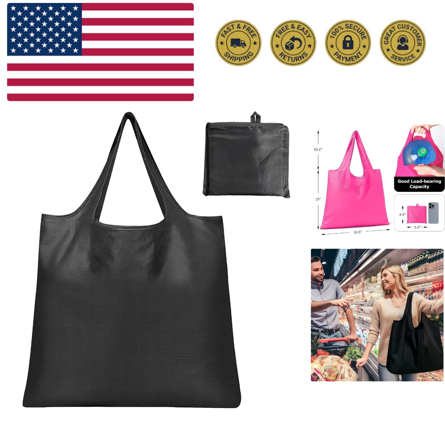 Eco-Friendly Large Foldable Tote Bag – Waterproof, Washable, 50 Pound Capacity