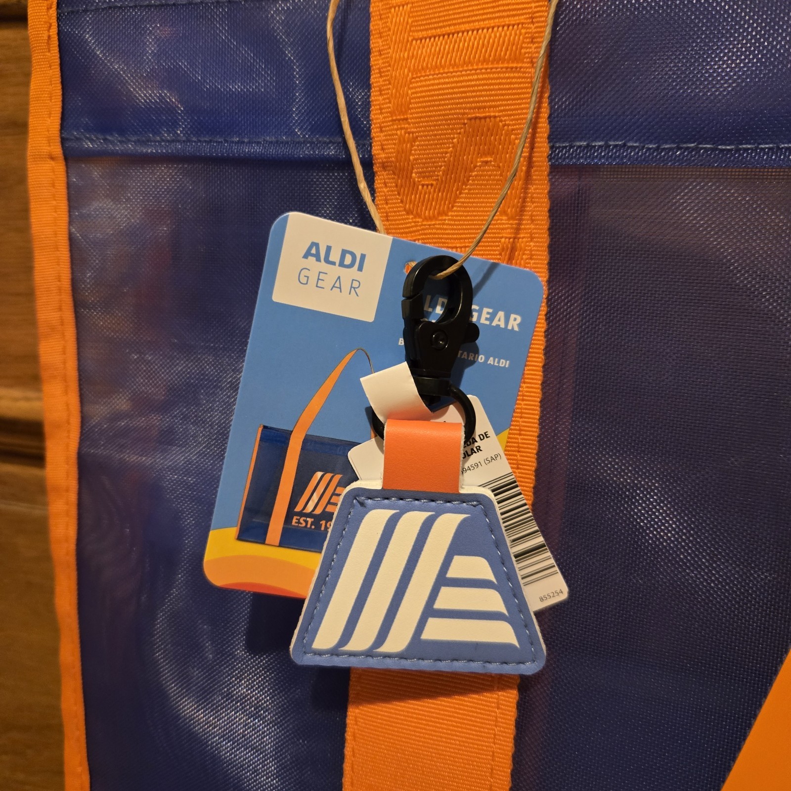 ALDI 50th Anniversary Mesh Tote Bag Blue With Orange Straps Quarter Keychain NEW