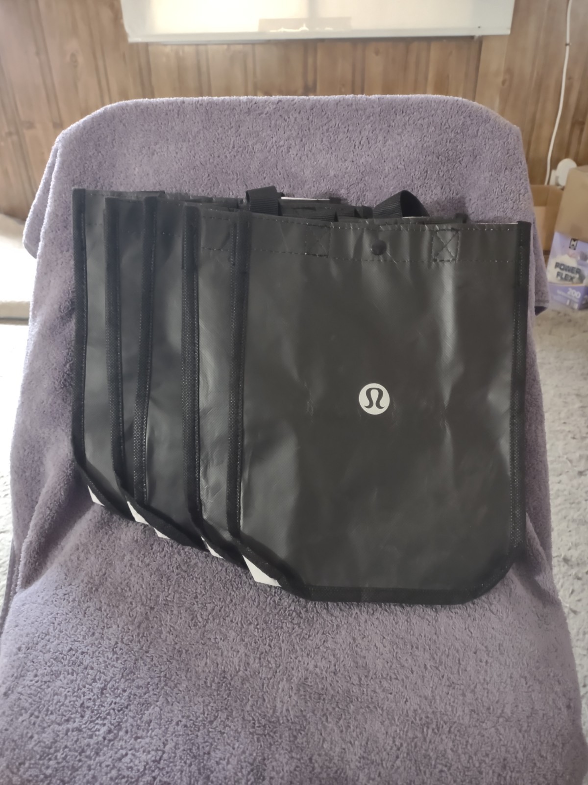Lot of 5 Reusable Black LULULEMON Shopping Tote Bag Fabric Handles Snap Closure