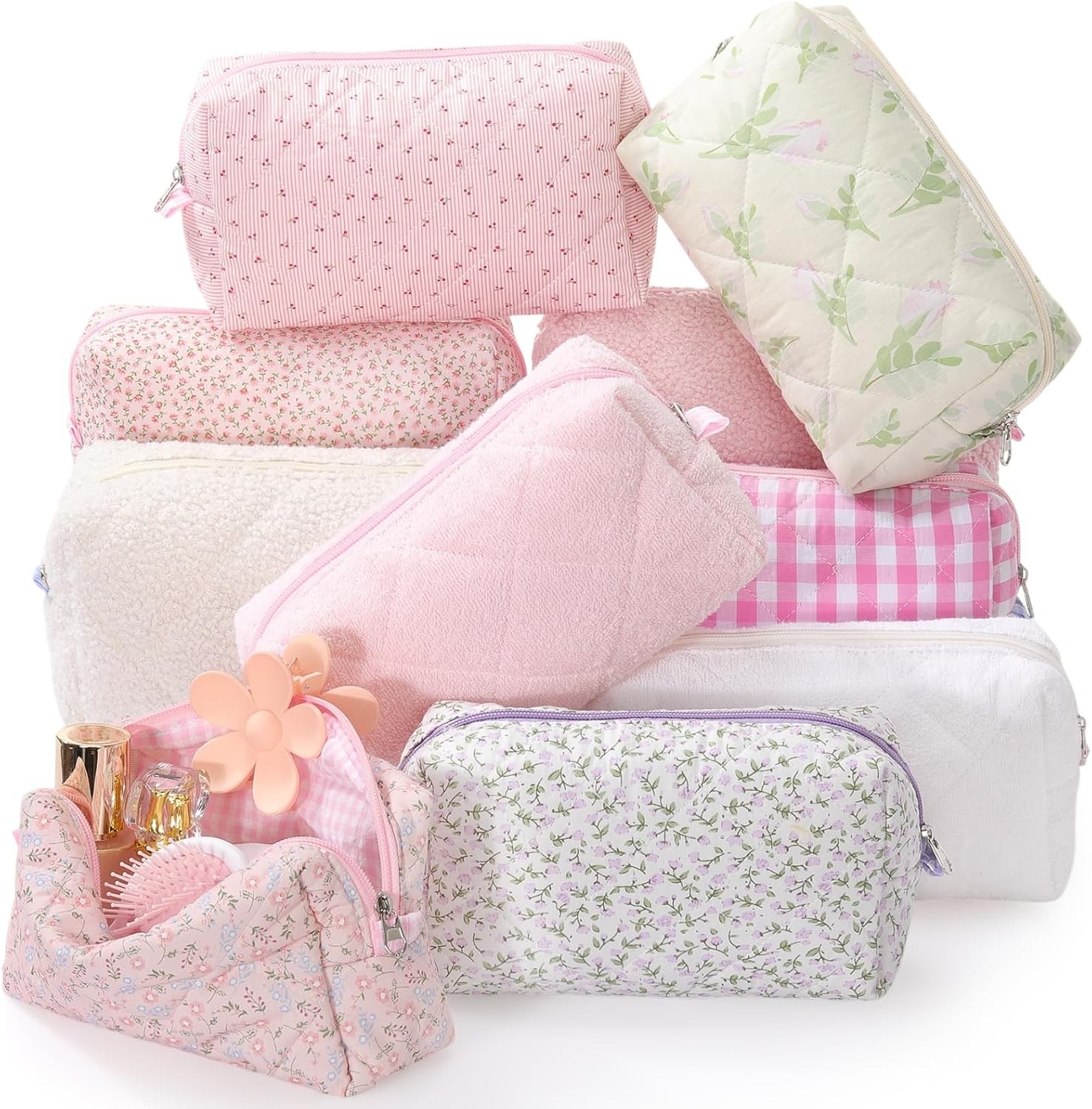 Paterr 10 Pcs Cotton Quilted Makeup Bag Bulk Floral Cosmetic Pouch Gingham…
