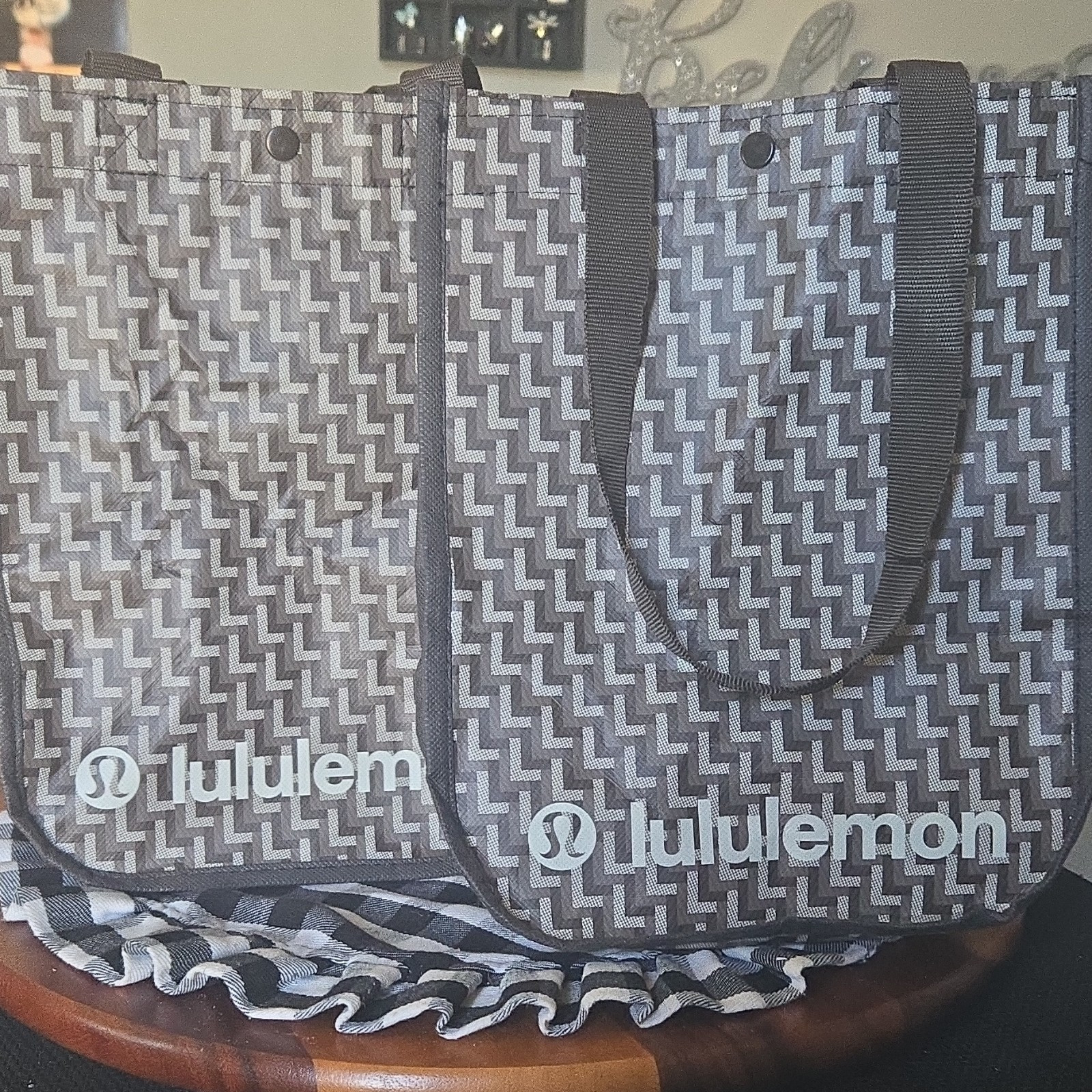 Lululemon Foldable Reusable Shopping Bags Brown Gray Geometric Set of 2
