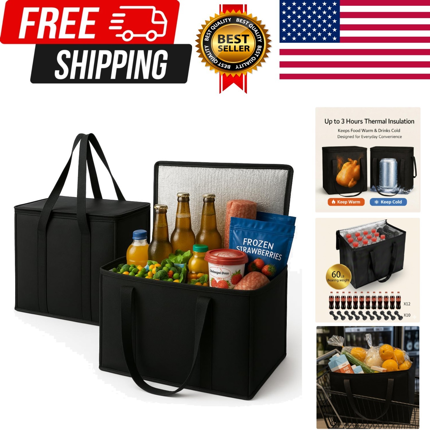 2-Pack, XL-Large Insulated Grocery Shopping Bags, Black, Reusable Bag,Thermal…