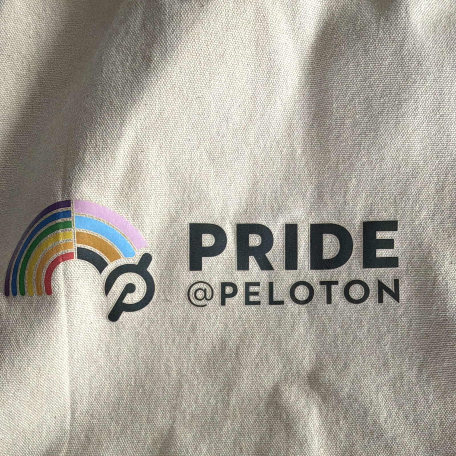 Peloton Pride Canvas Tote Bag, Beige/Multicolor, Striped Handles, 12x14x6 in