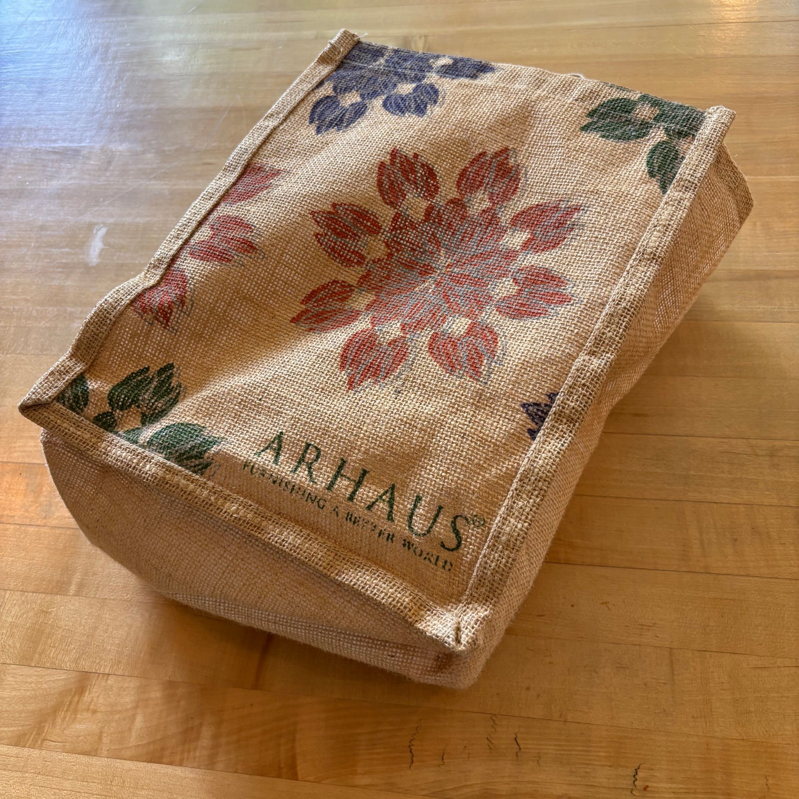 Arhaus Tan Earthy Tote Bag Jute Tan Floral Pattern 12.5 X 10 Inches