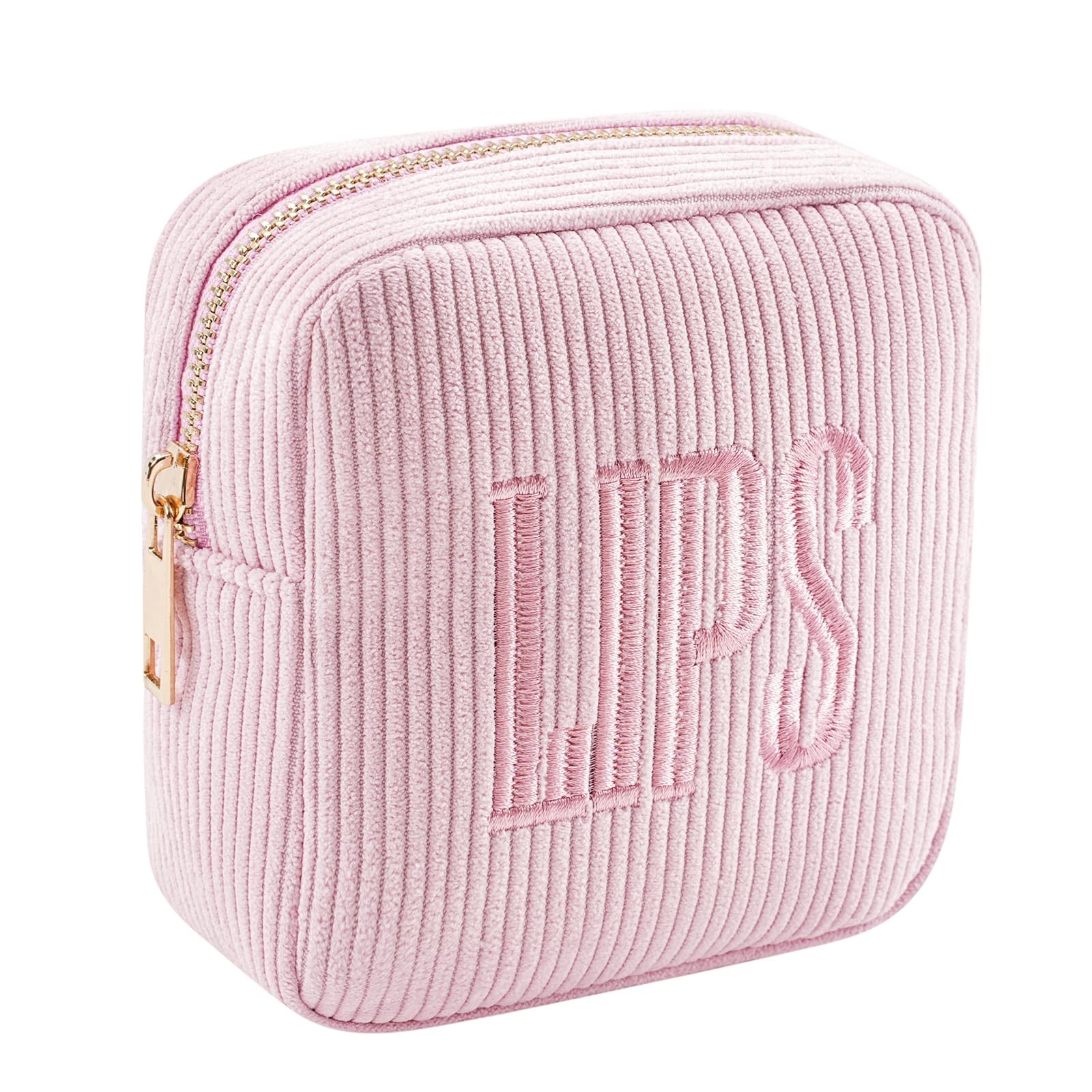 Lestikave Small Makeup Bag for Purse，Personalized Mini Corduroy 01Pink LIPS