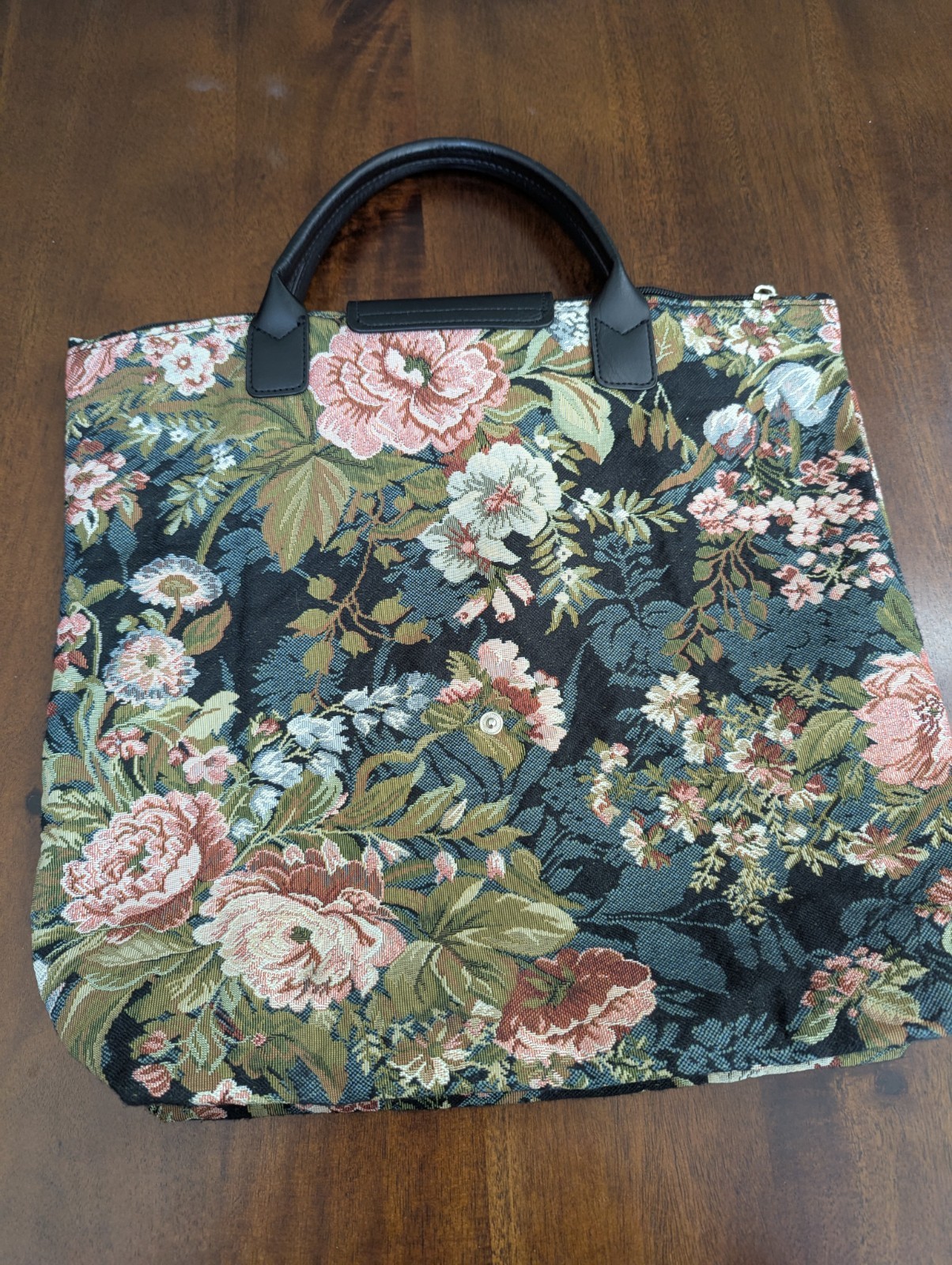 Signare Woven Tapestry Folding Reusable Shopping Bag Peony Flower Design Artsy