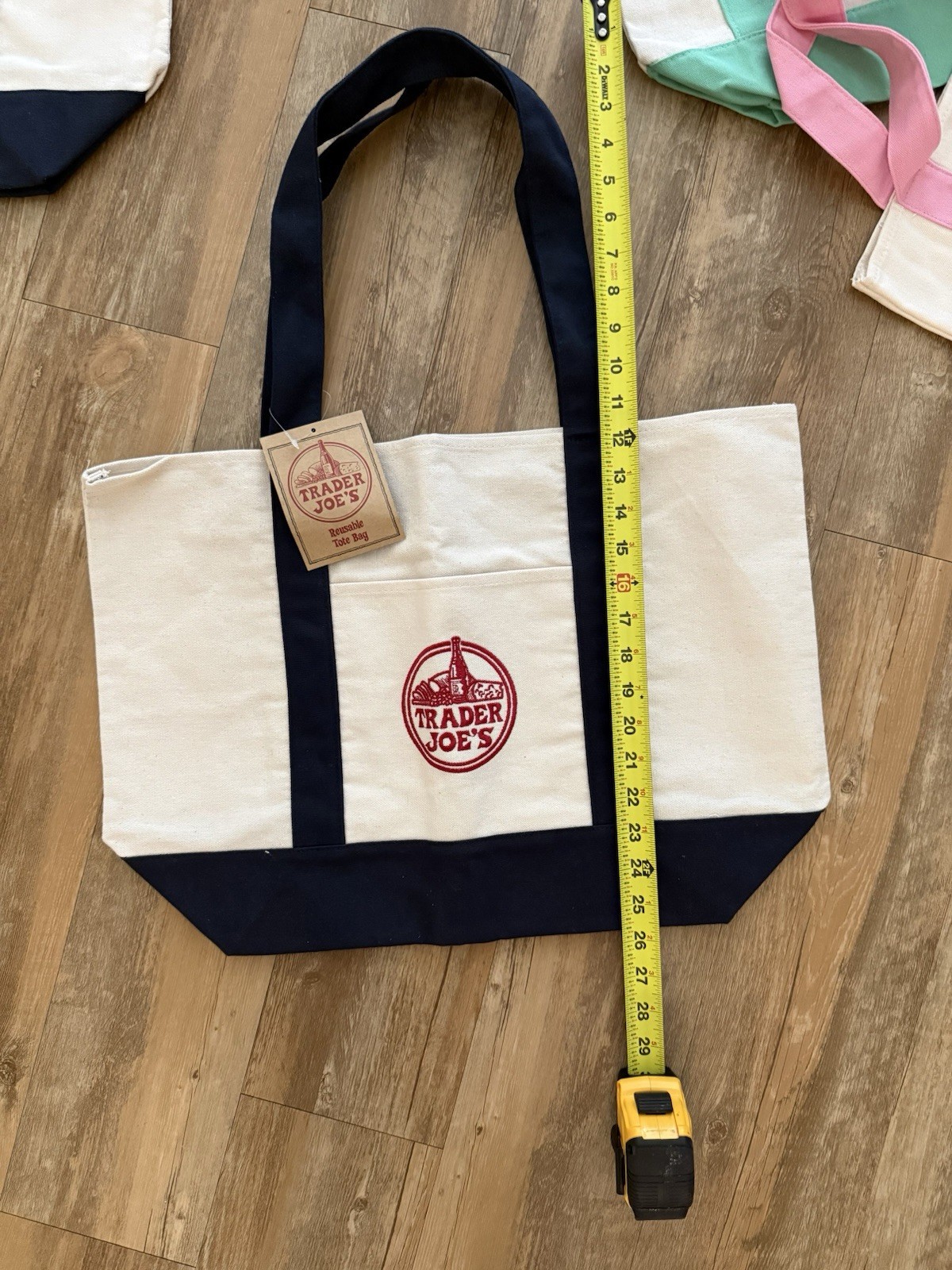 Trader Joe’s Reusable Tote Bag Beige/Navy Logo Pattern 19×20″ Less Than 6″