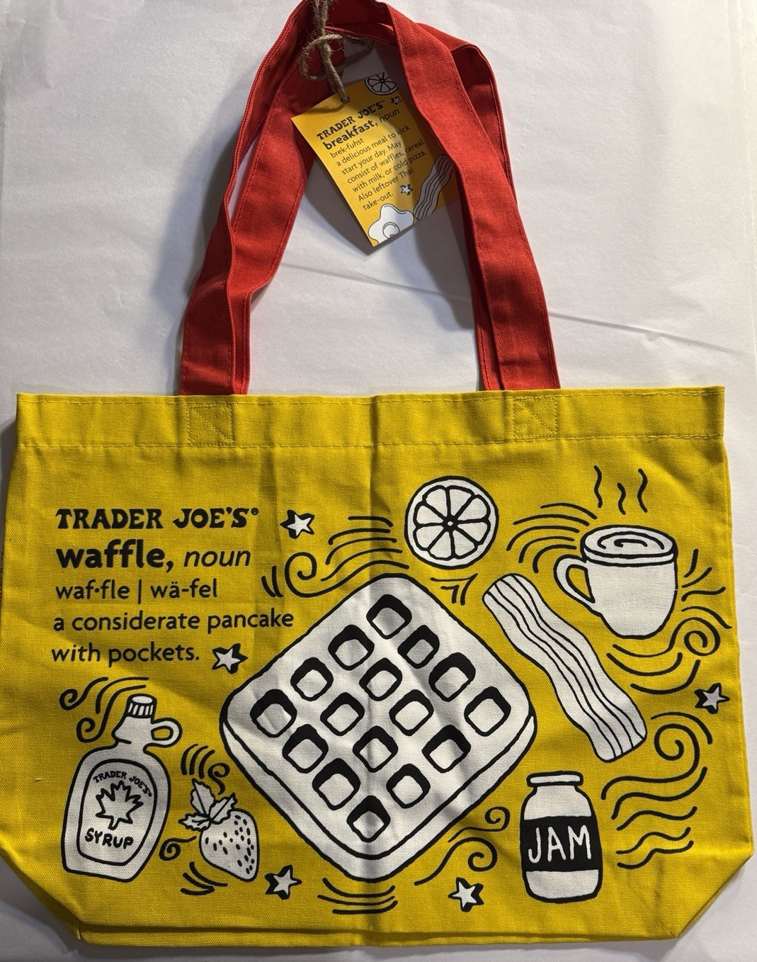 New Trader Joe’s Reusable Shopping Bag Breakfast Waffle Toast Milk