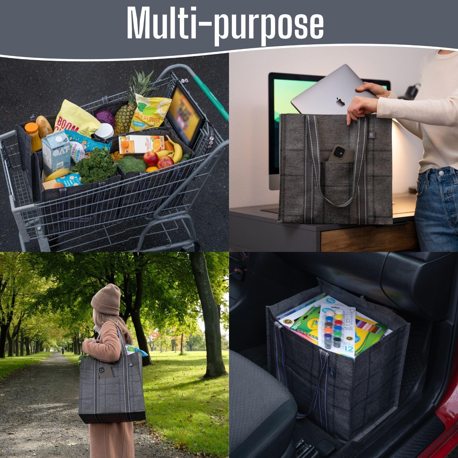 4 Pack Reusable Grocery Bags with Hard Bottom, Heavy-Duty Shopping Cart Bags