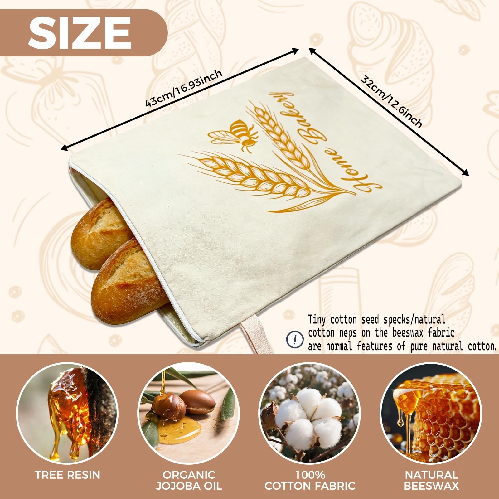 2PCS Reusable Beeswax Bread Bag for Homemade Bread, within 16 inch, beige