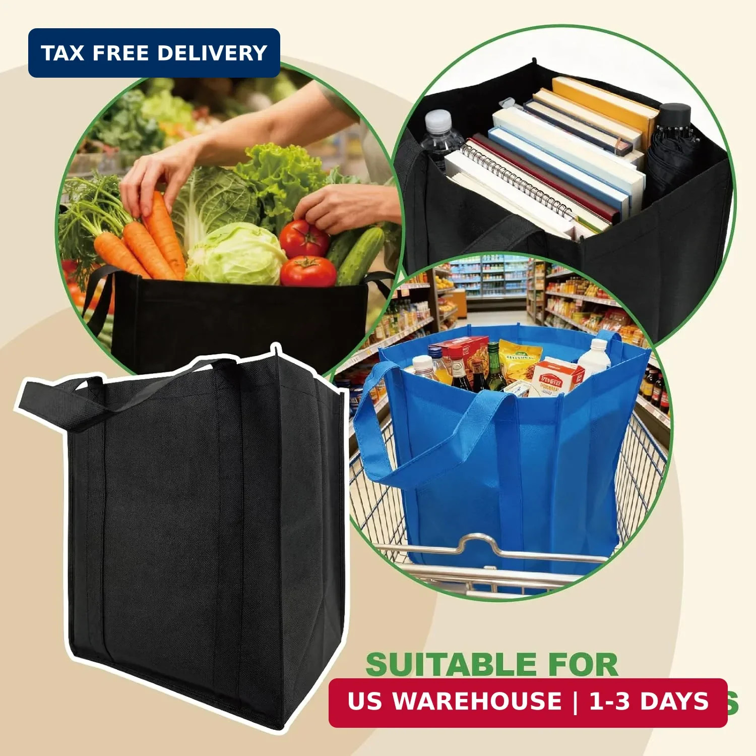10 Pack Reusable Shopping Bags – 14.9×12.6×9.4 Inth Bulk Tote Bag for Grocery wi
