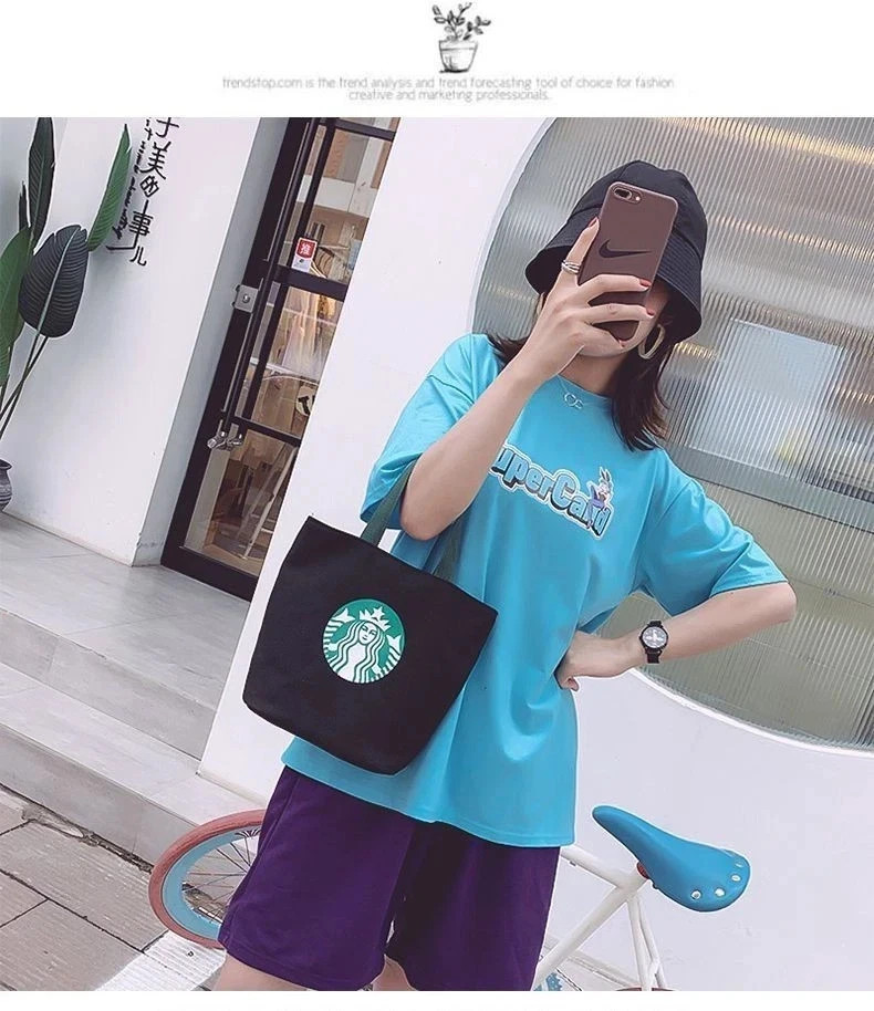 Starbucks Large Canvas Tote Bag with Green Handles – Reusable Daily Bag black