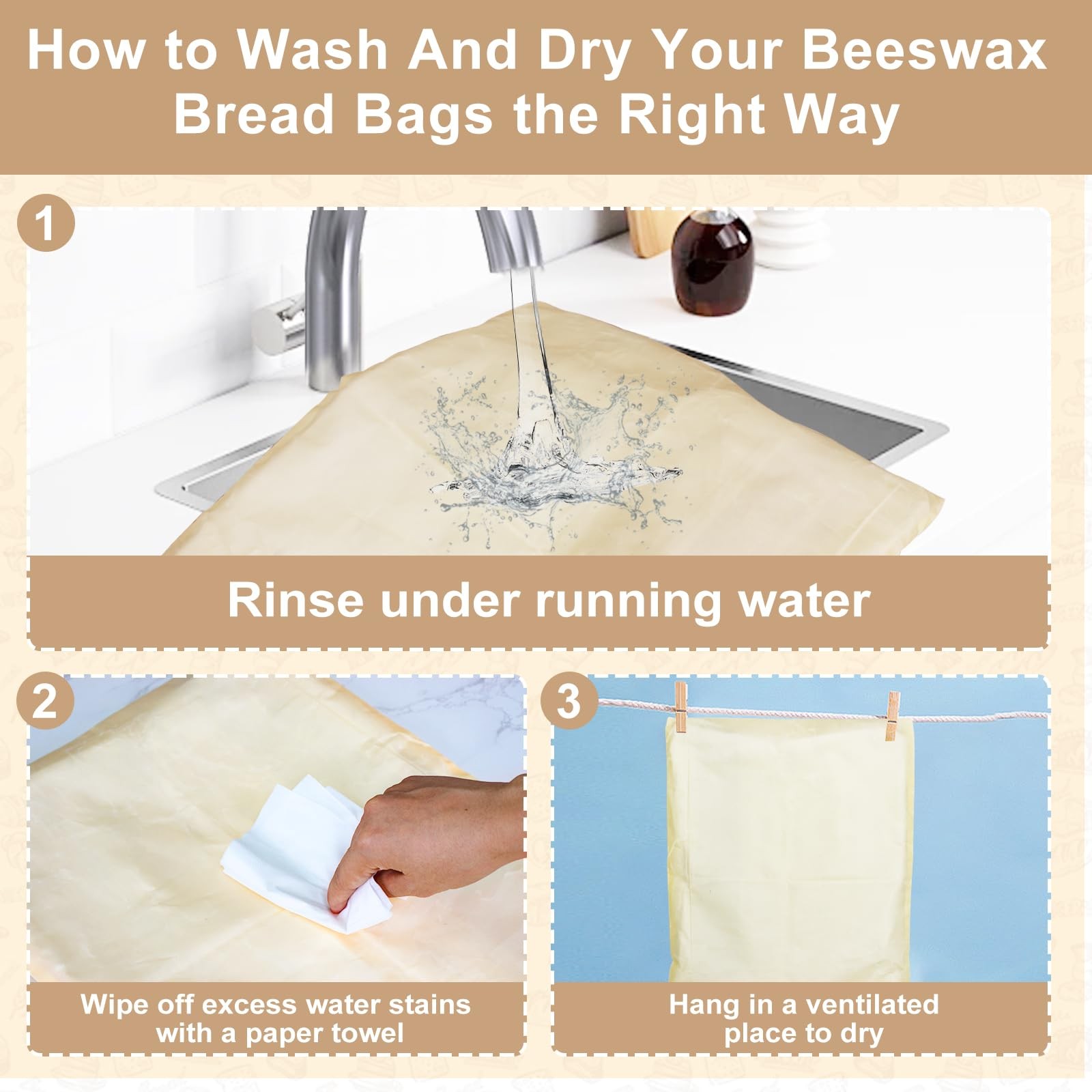 Wide Zipper Access Beeswax Bread Bags for X-Large, Leaf Printed Pattern