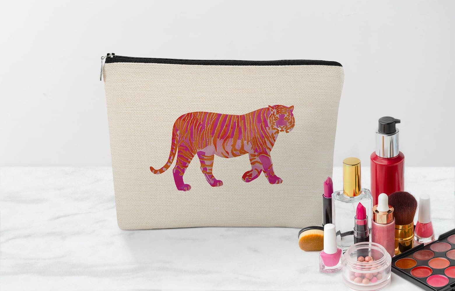 EXUQO Preppy Tiger Small Makeup Bag,Teen Girl Gifts,Pink preppy-L