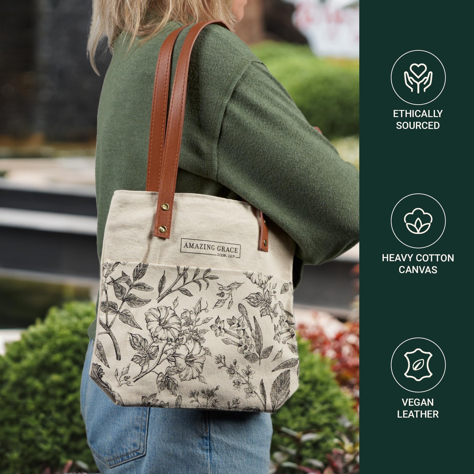 Canvas Floral Tote Bag for Women: Amazing Grace Inspirational Scripture for S…