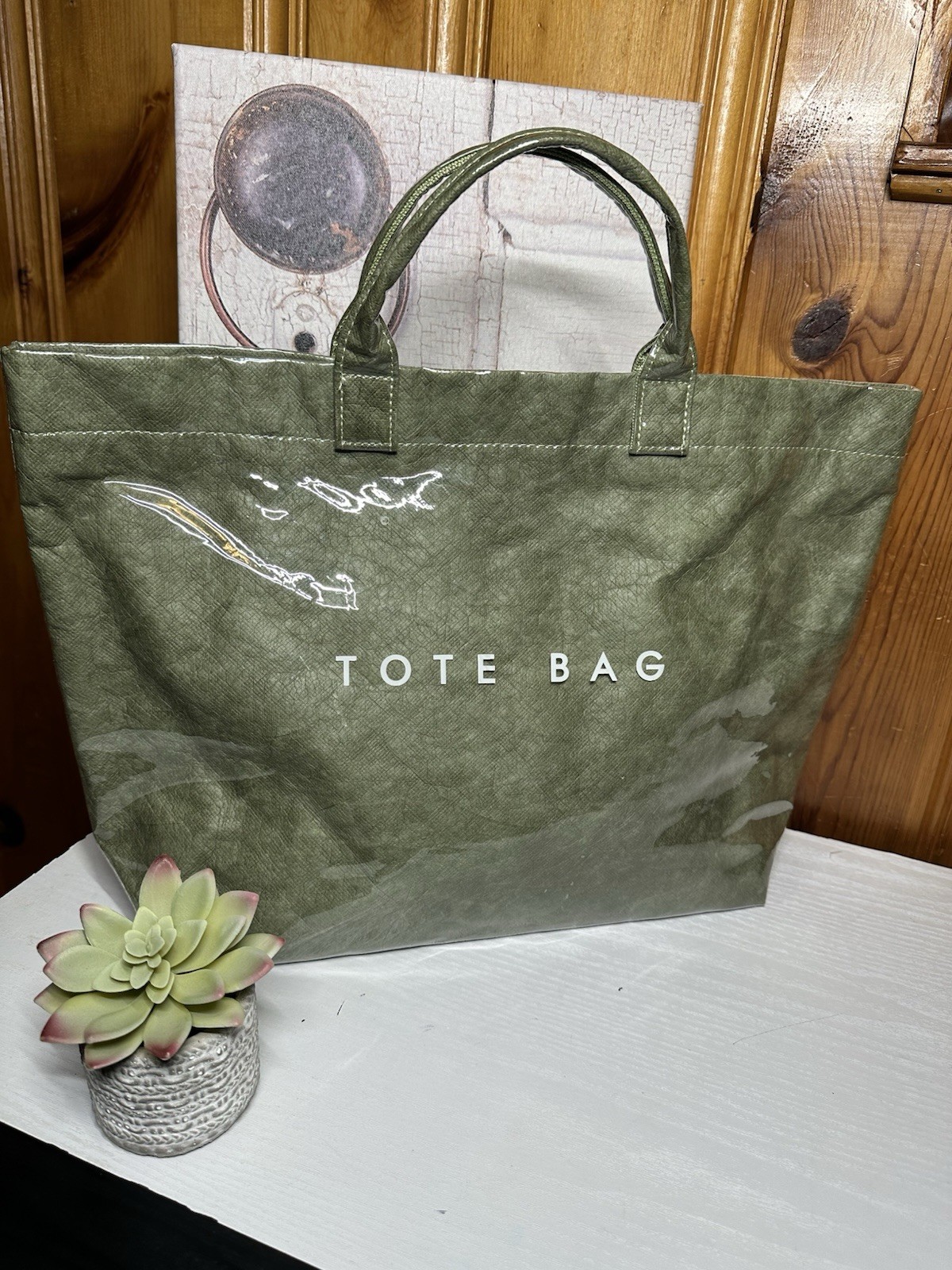 Green Large Foldable Tote Bag Synthetic with Zippered Pocket and Handles