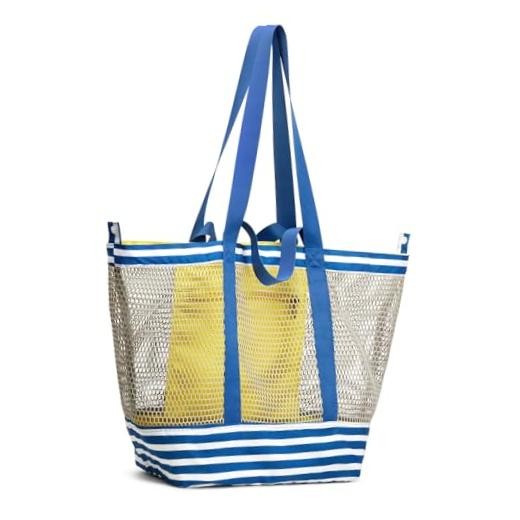 Mesh Beach Bags for Women Men Extra Large Packable Beach Tote Blue & Yellow