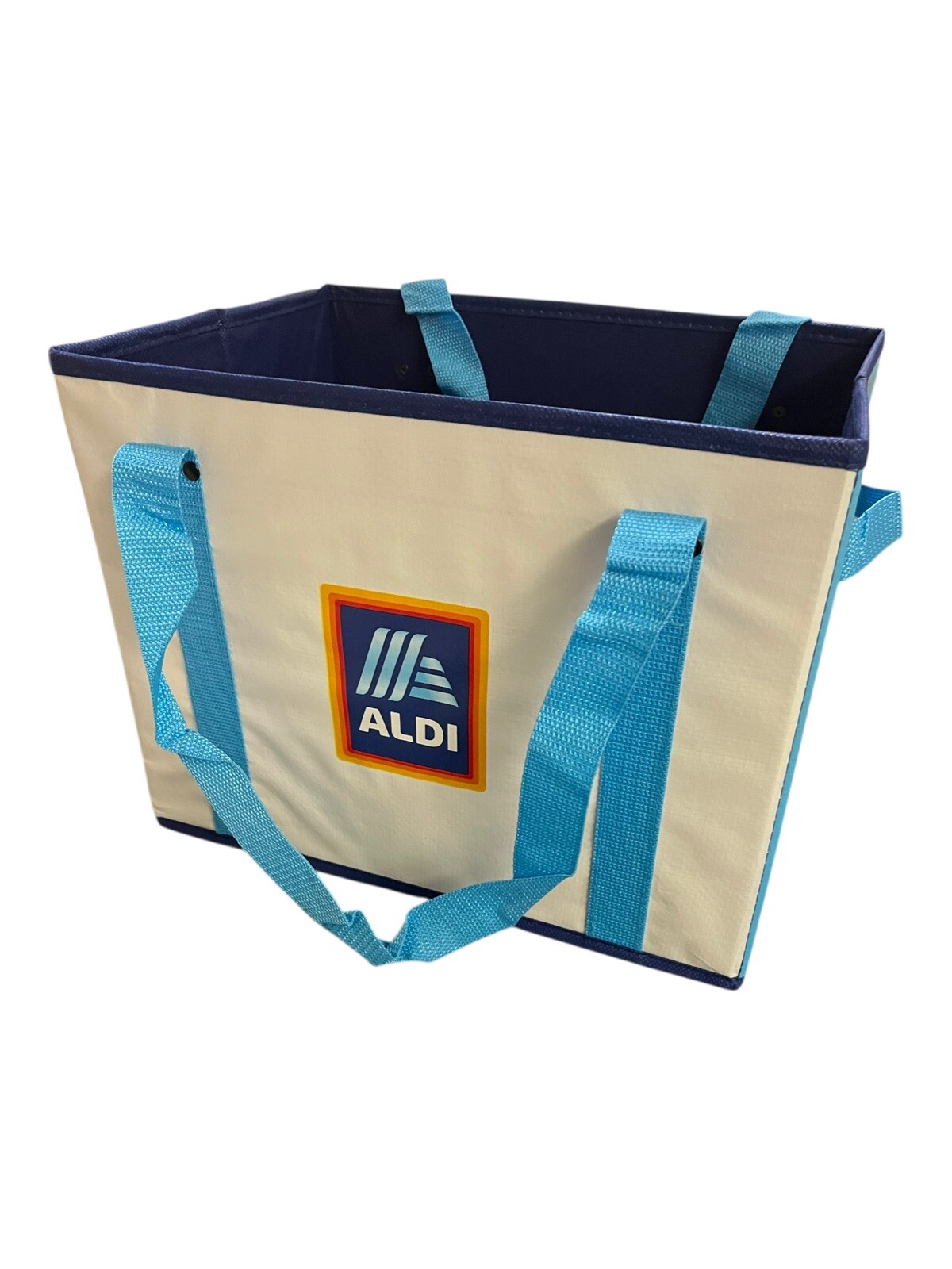 2 ALDI Collapsible Box Bags 14x11x10 Blue / White / Rainbow