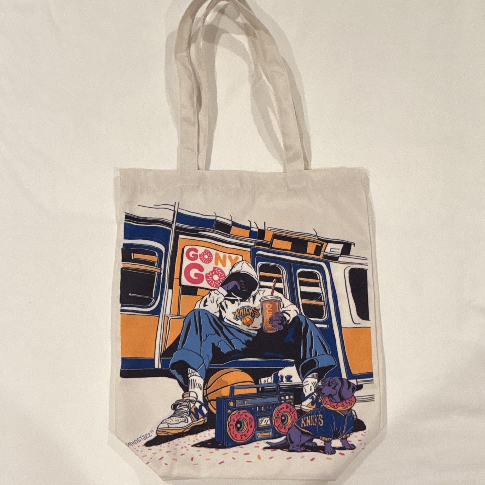 Reusable Tote Bag Graphic Print Dunkin’ Knicks GO NY GO Beige 17x15x6″