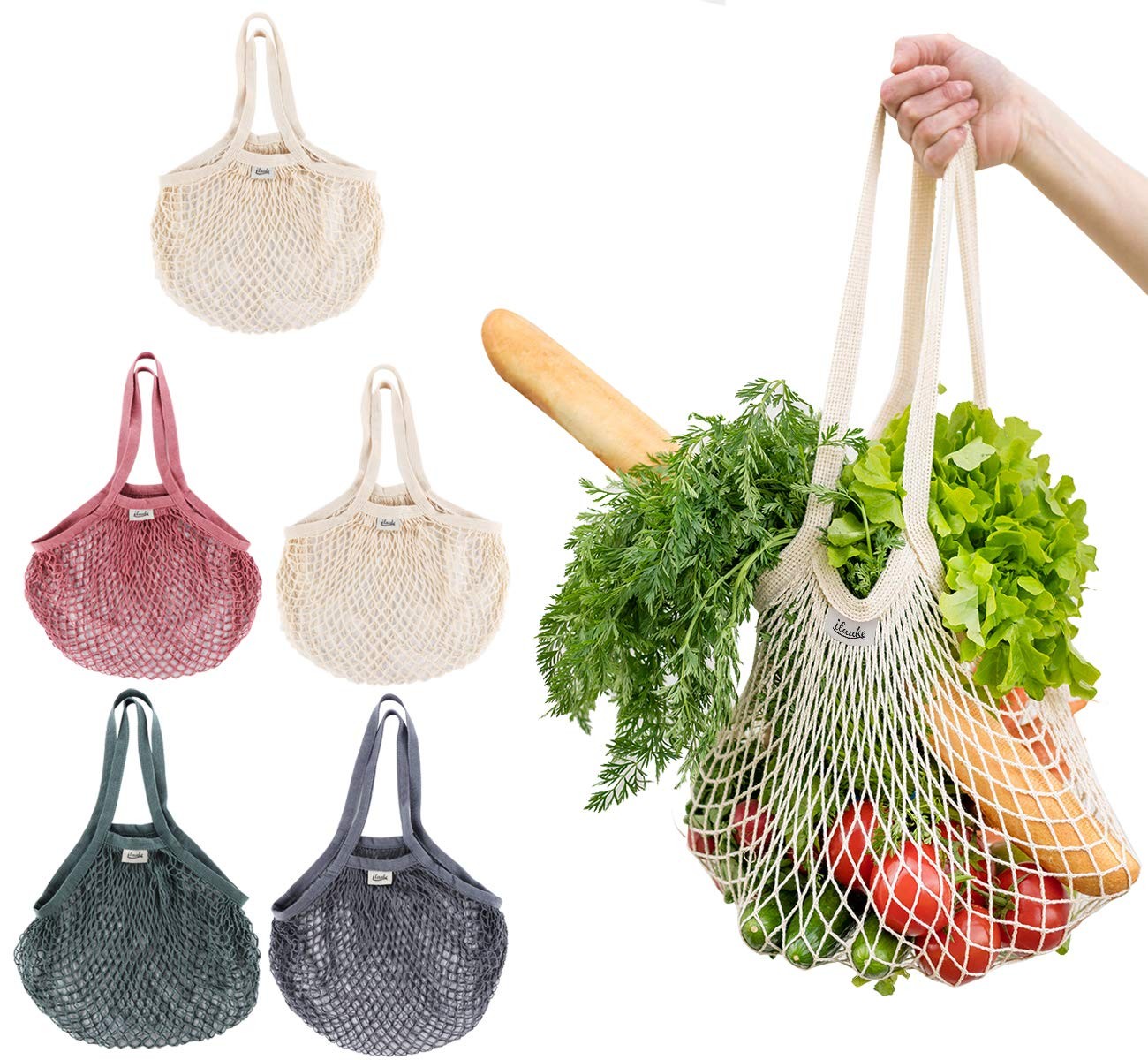 Lemonfilter Mesh Grocery Bags, 5 Pack Reusable Washable Cotton String Shoppin…