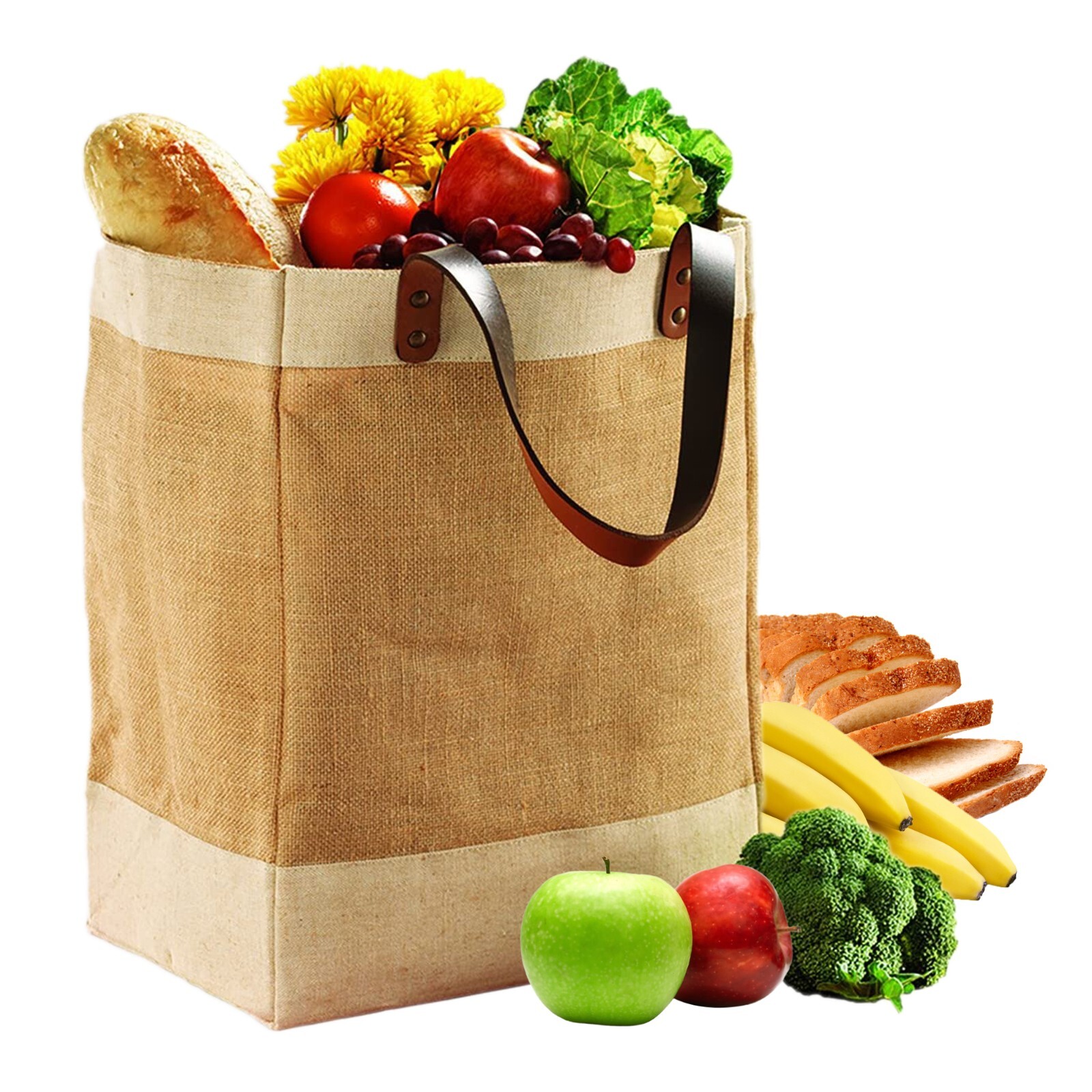 Reusable Jute French Market Tote Burlap Grocery Bags with Faux Leather Straps