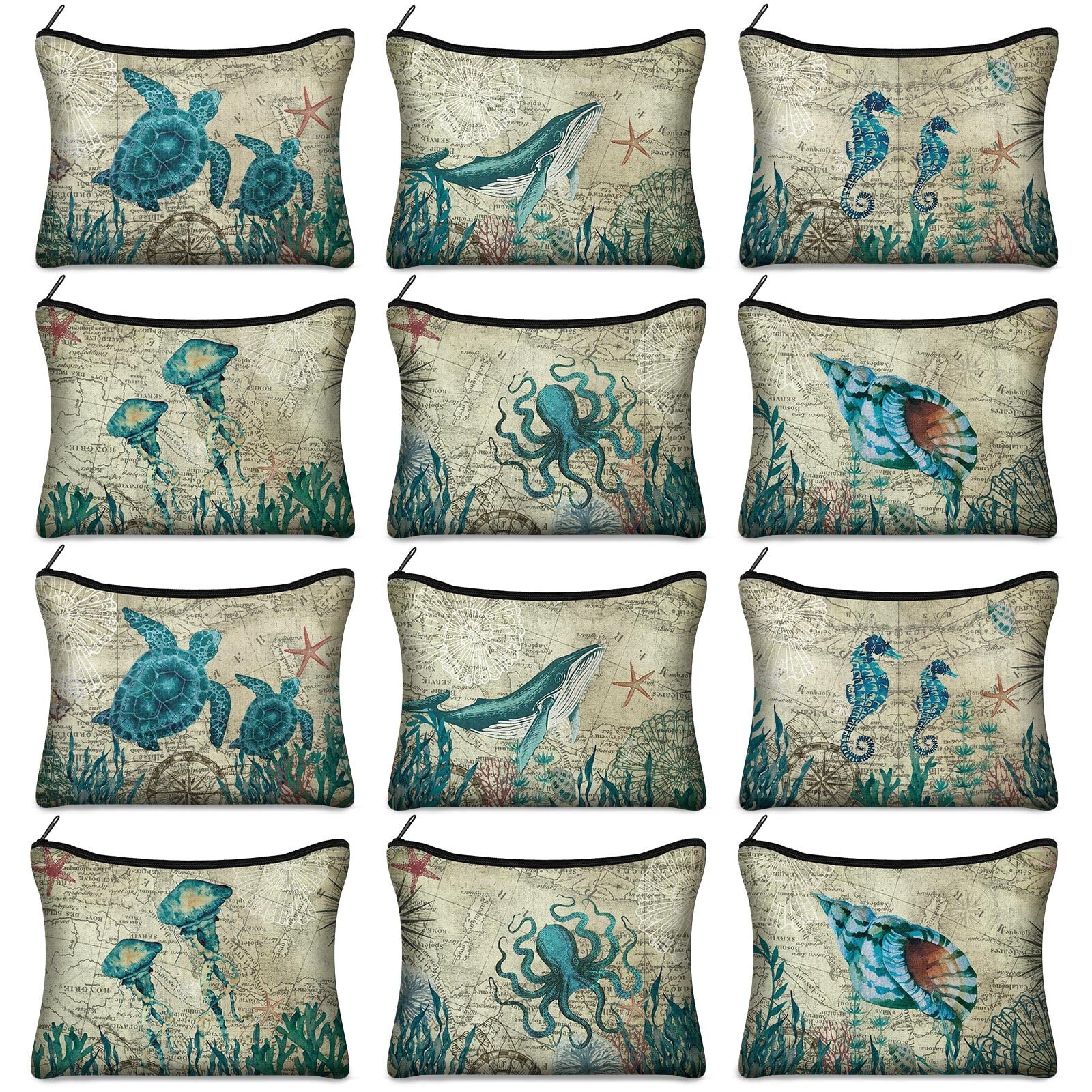 Sanwuta 12 Pcs Sea Tropical Cosmetic Bags Retro Animal as shown in picture