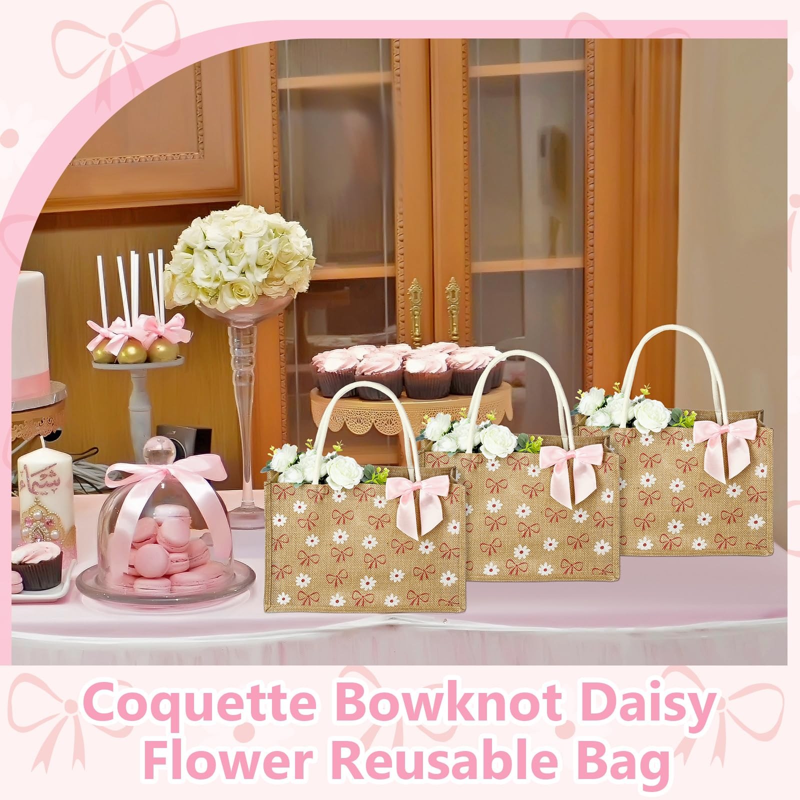 12 Pcs Coquette Bow Burlap Tote Bags with Handle Set, Daisy Flower Reusable B…