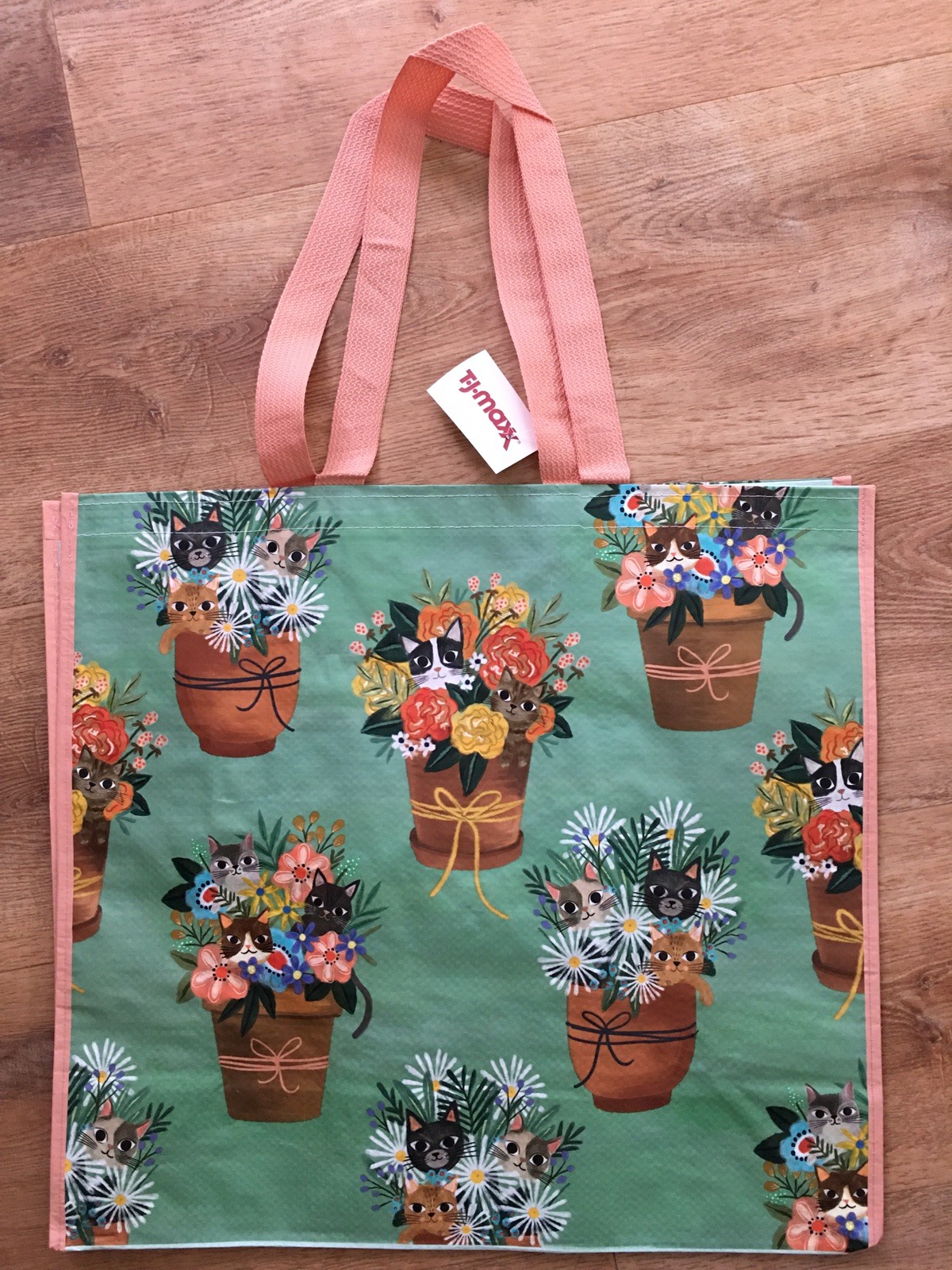 TJMaxx Shopping Bag Colorful CATS In Flower Pots Reusable EcoTote Gift Bag NWT