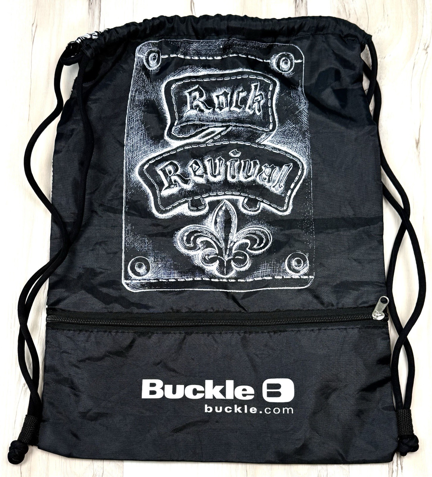 ROCK REVIVAL Buckle 13.5″x18.5″ Black Screenprint Logo Cinch Bag BACKPACK Tote