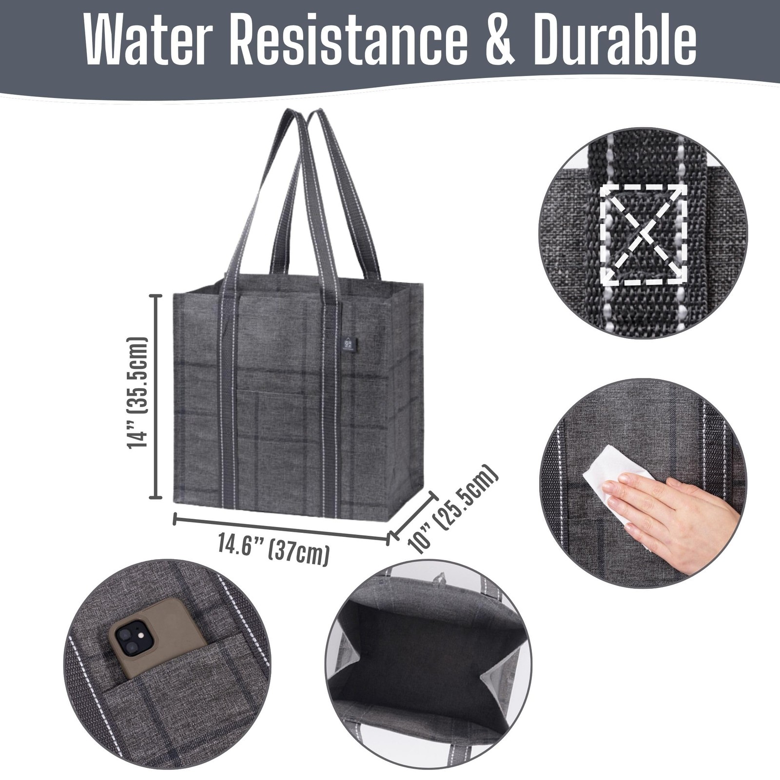 VENO 4 Pack Reusable Grocery Bags with Hard Bottom, Large, Windowpane