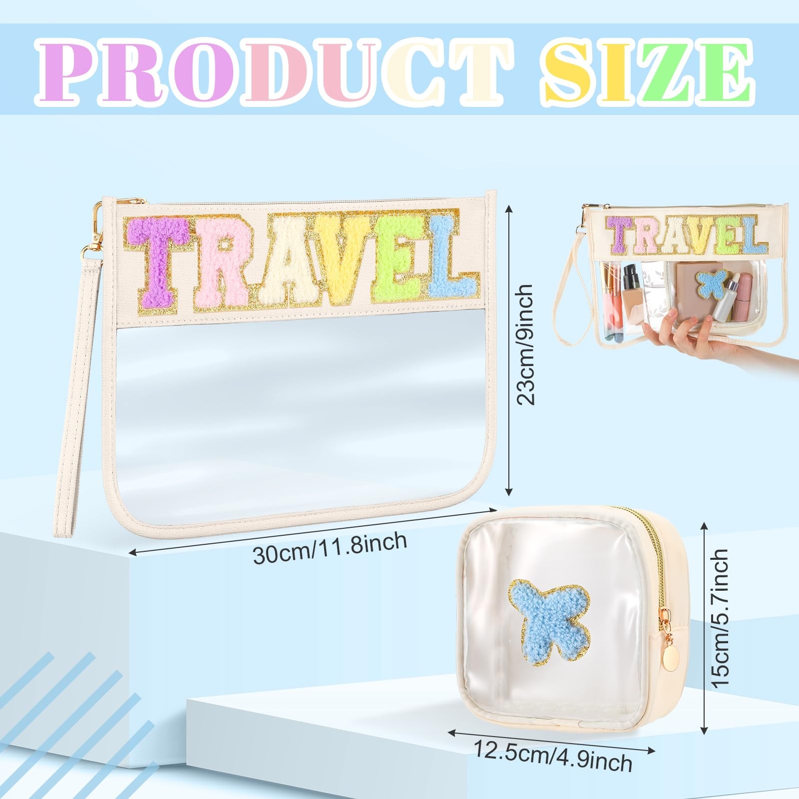 Hillban 2 Pcs Clear Travel Bags Chenille Letter Makeup Cosmetic Beige
